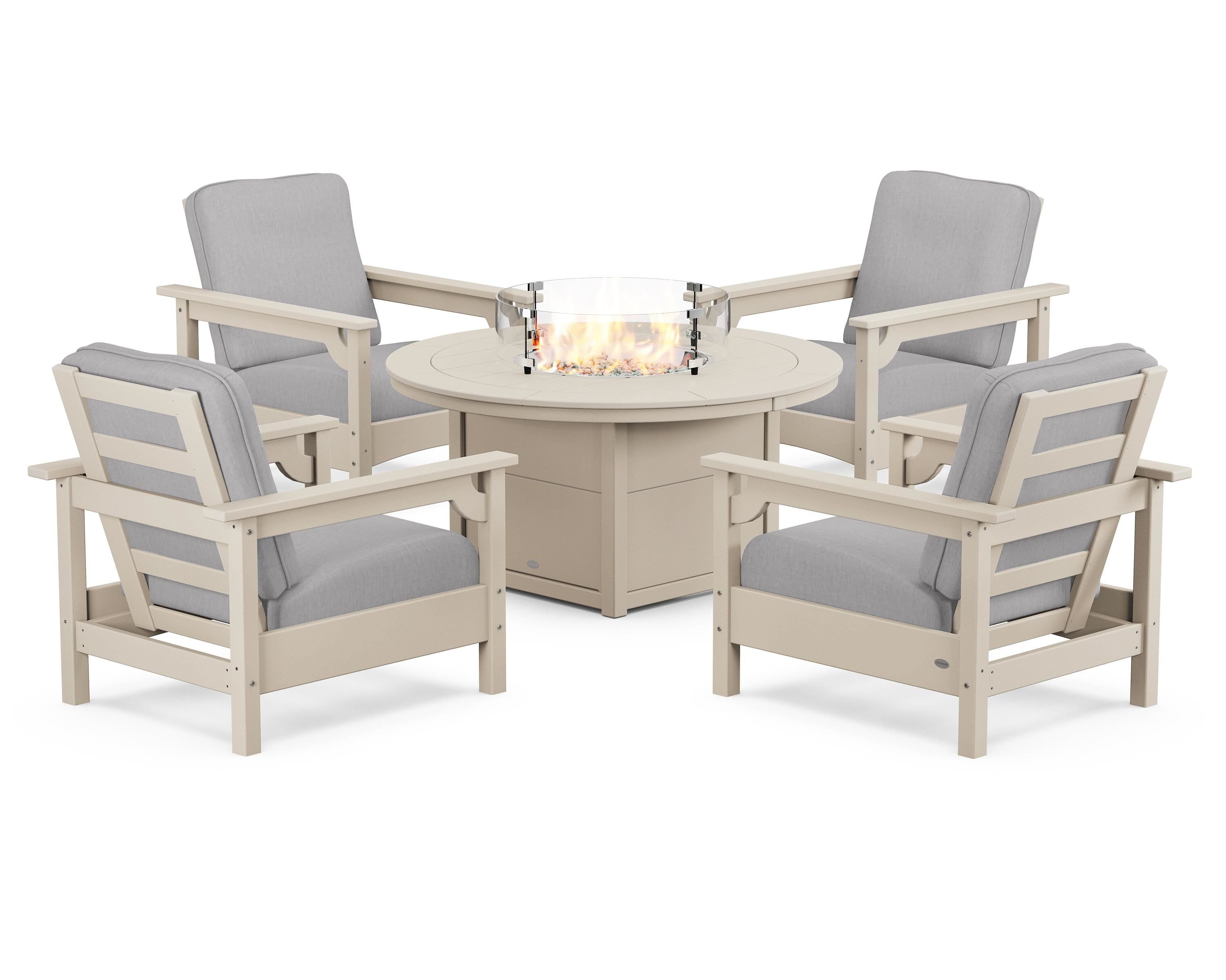POLYWOOD Club 5-Piece Conversation Set with Fire Pit Table in Sand / Granite