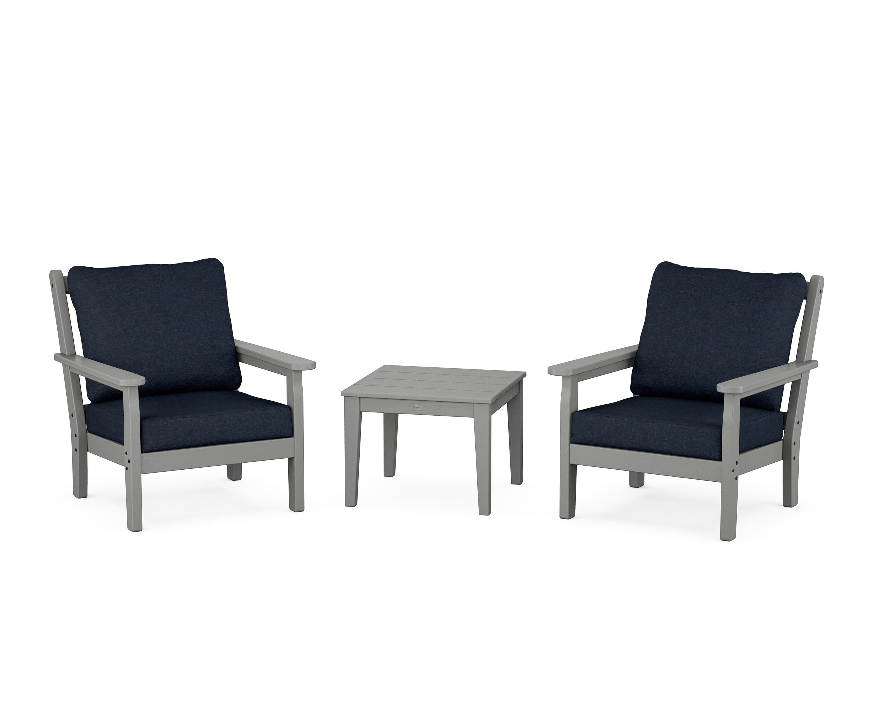 POLYWOOD Chippendale 3-Piece Deep Seating Set in Slate Grey / Marine Indigo