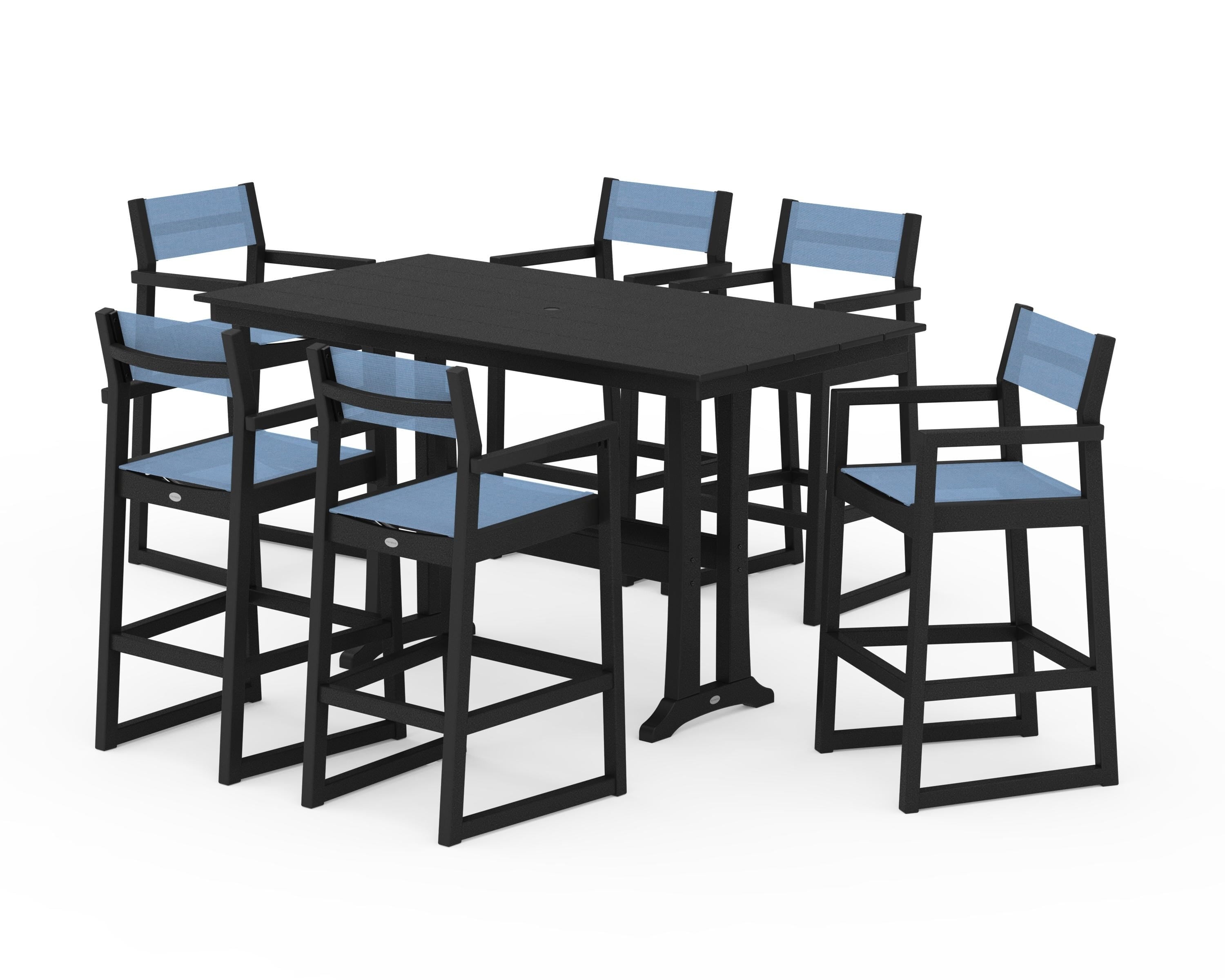 POLYWOOD EDGE Sling Arm Chair 7-Piece Farmhouse Bar Set with Trestle Legs in Black / Poolside Sling