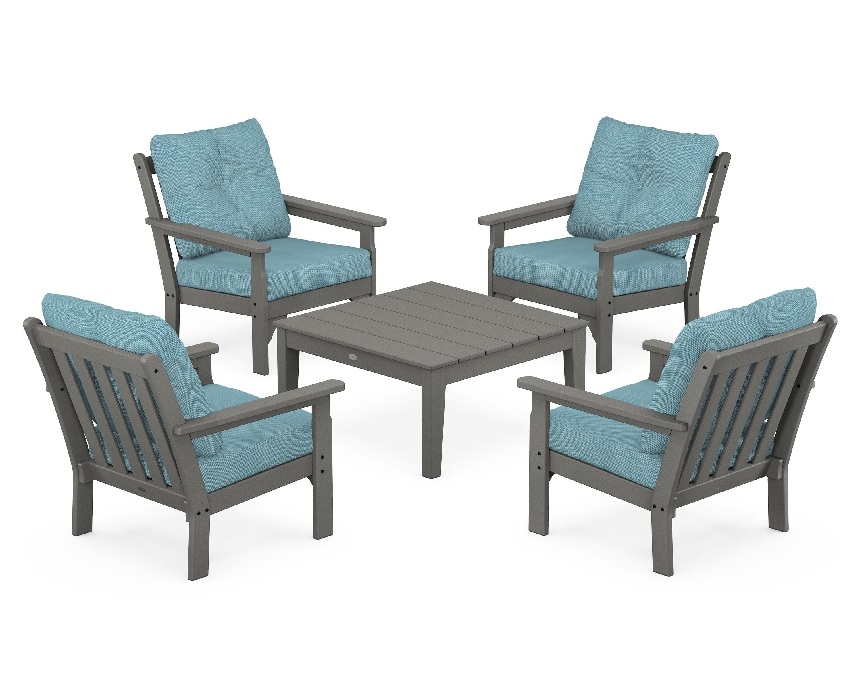 POLYWOOD Vineyard 5-Piece Deep Seating Conversation Set in Slate Grey / Lattice Sky Blue