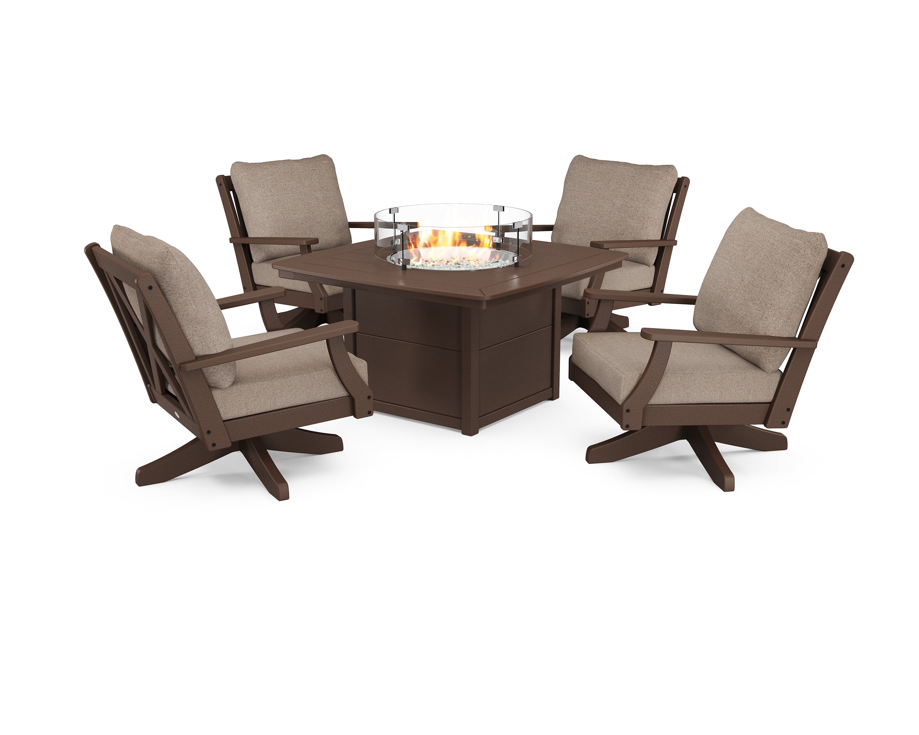 POLYWOOD Braxton 5-Piece Deep Seating Swivel Conversation Set with Fire Pit Table in Mahogany / Spiced Burlap