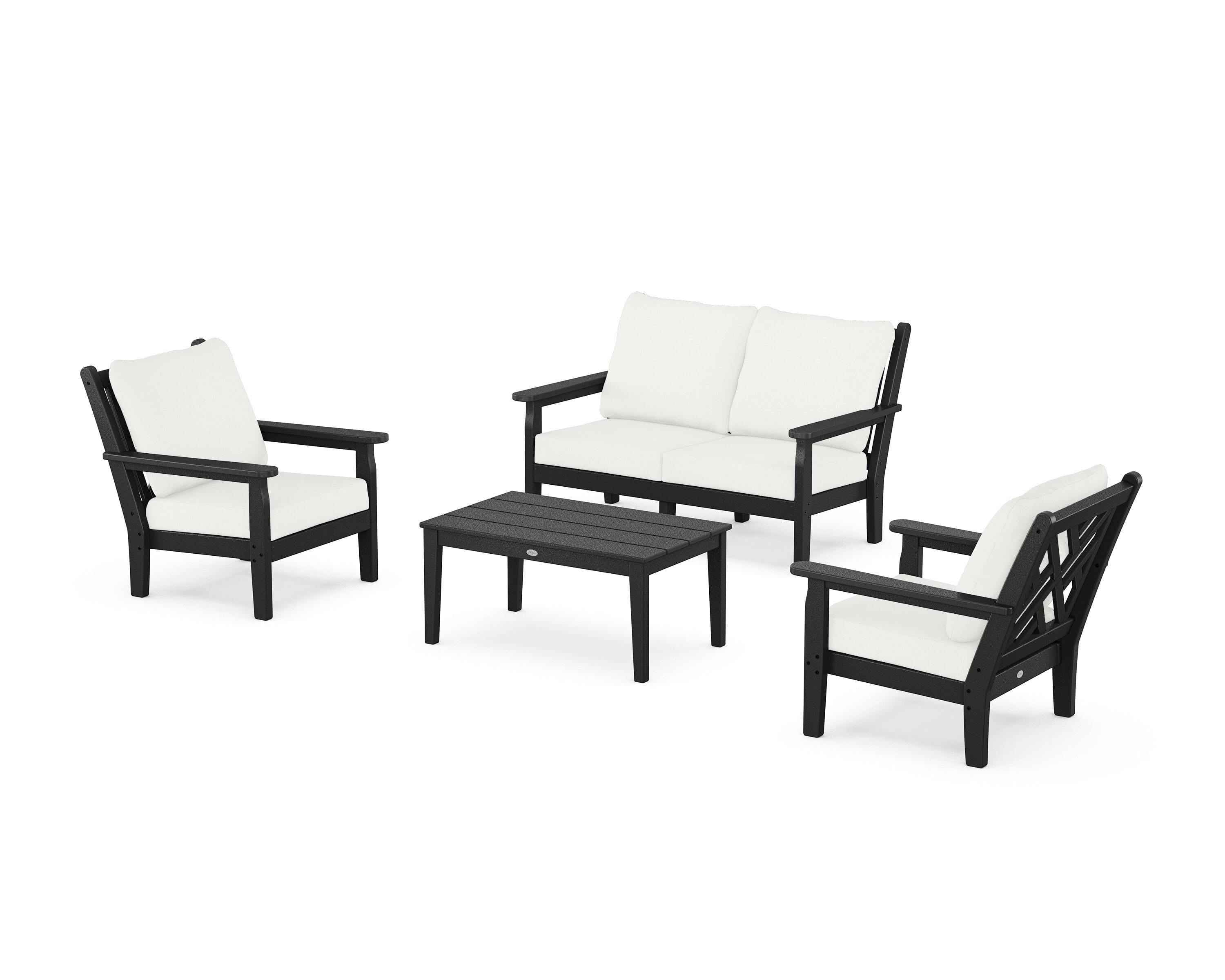 POLYWOOD Chippendale 4-Piece Deep Seating Set with Loveseat in Black / Natural Linen