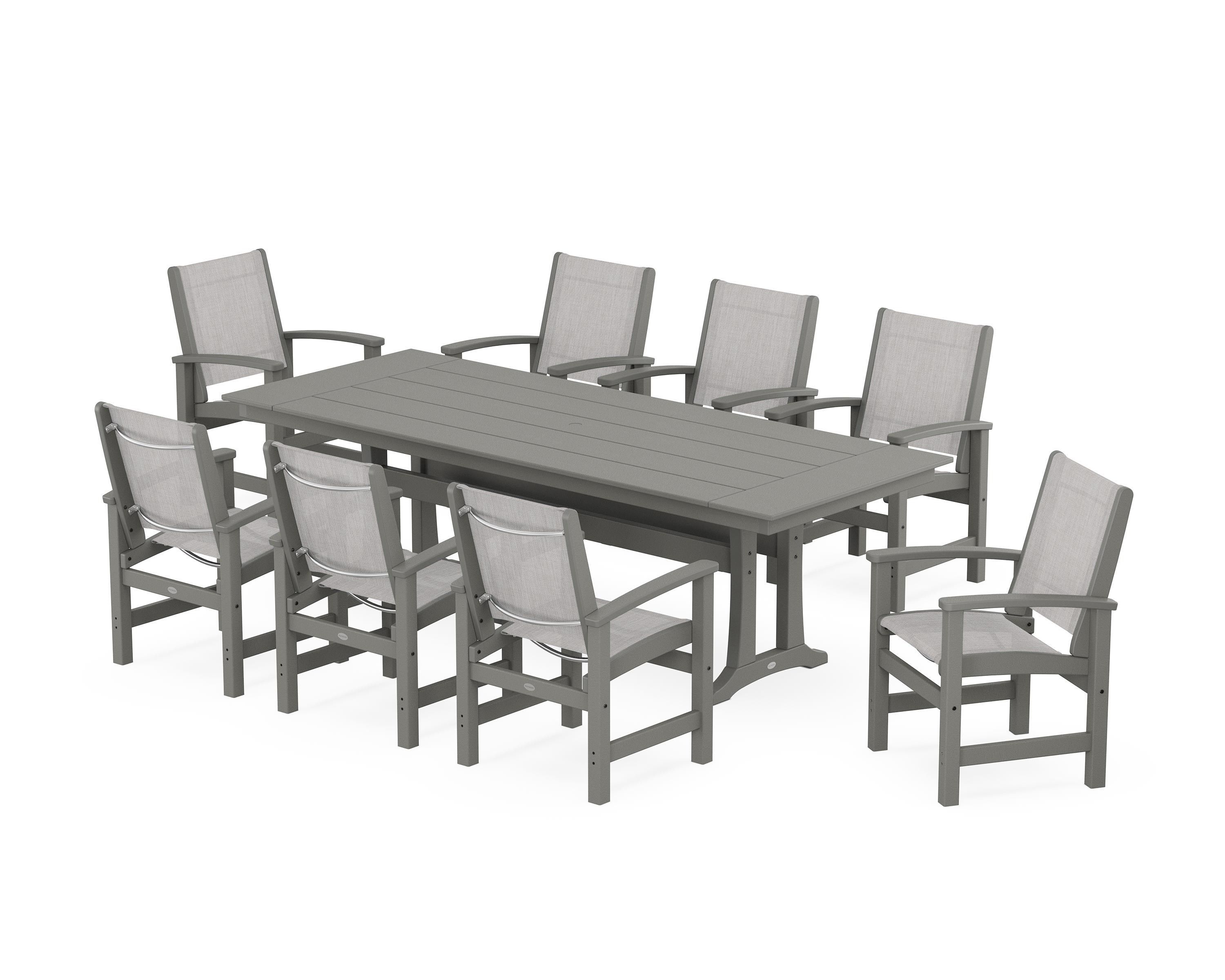 POLYWOOD Coastal 9-Piece Farmhouse Dining Set with Trestle Legs in Slate Grey / Parchment Sling