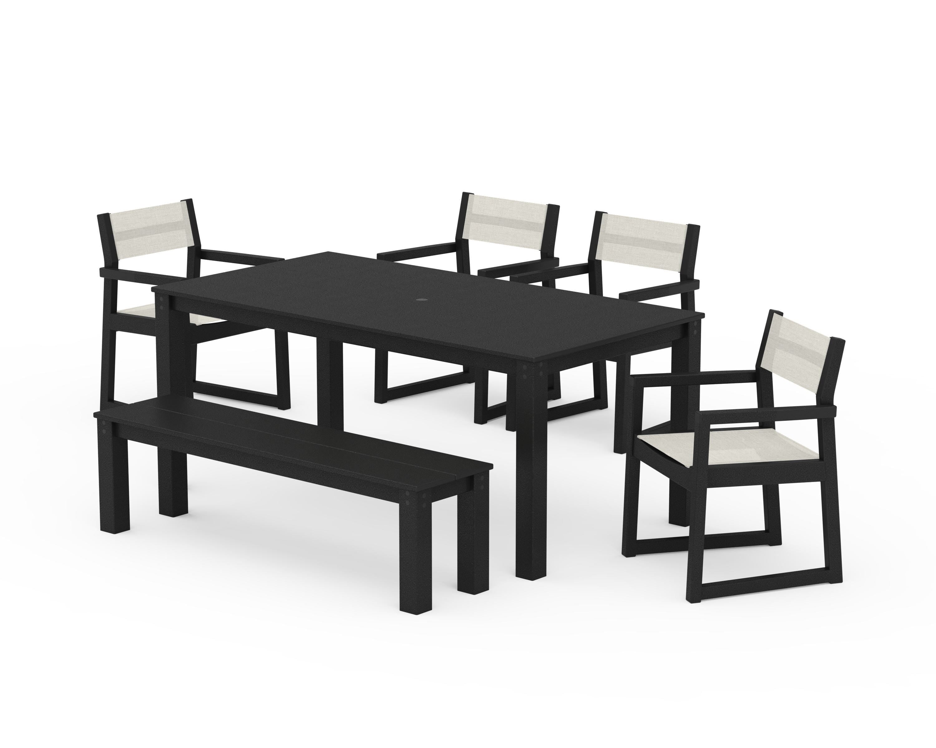 POLYWOOD EDGE Sling Arm Chair 6-Piece Parsons Dining Set with Bench in Black / Parchment Sling