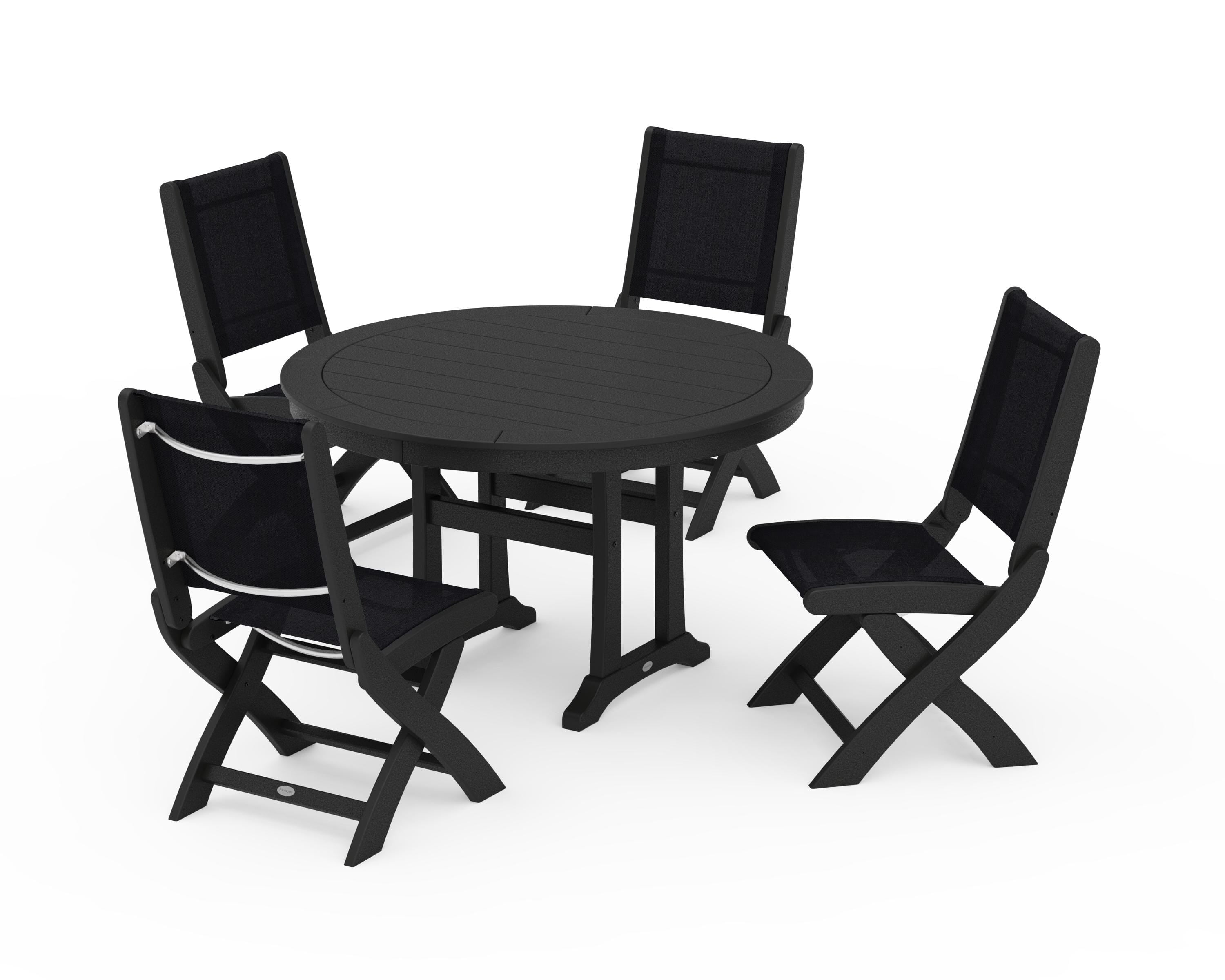 POLYWOOD Coastal Folding Side Chair 5-Piece Round Dining Set With Trestle Legs in Black / Black Sling