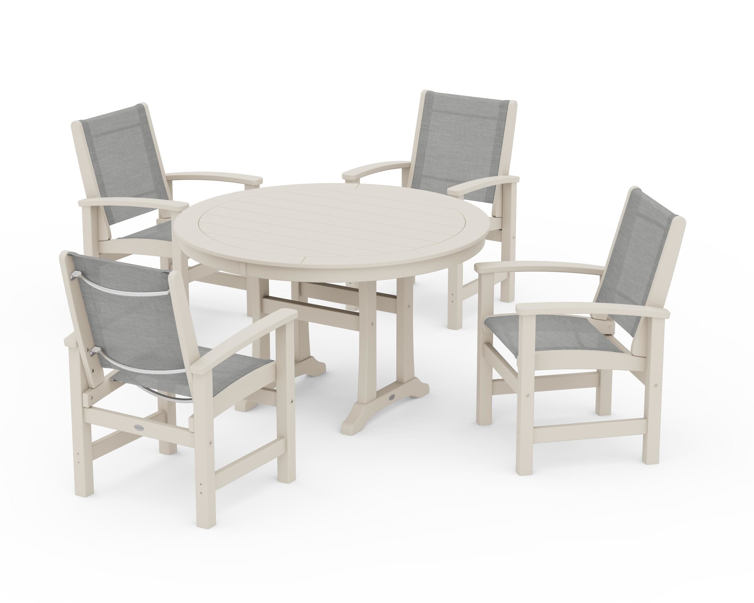 POLYWOOD Coastal 5-Piece Round Dining Set with Trestle Legs in Sand / Metallic Sling