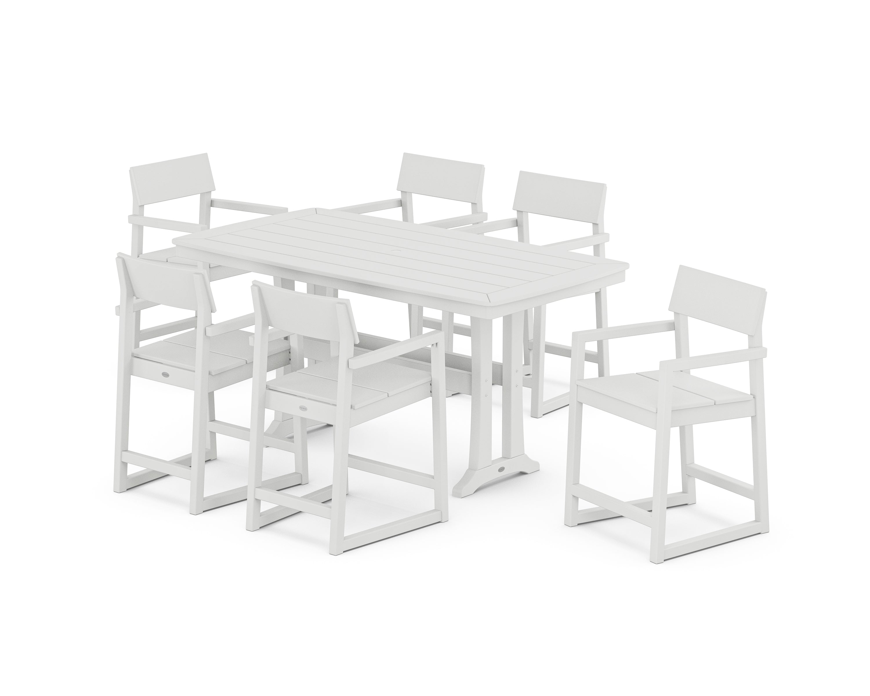 POLYWOOD® EDGE Arm Chair 7-Piece Counter Set with Trestle Legs in White