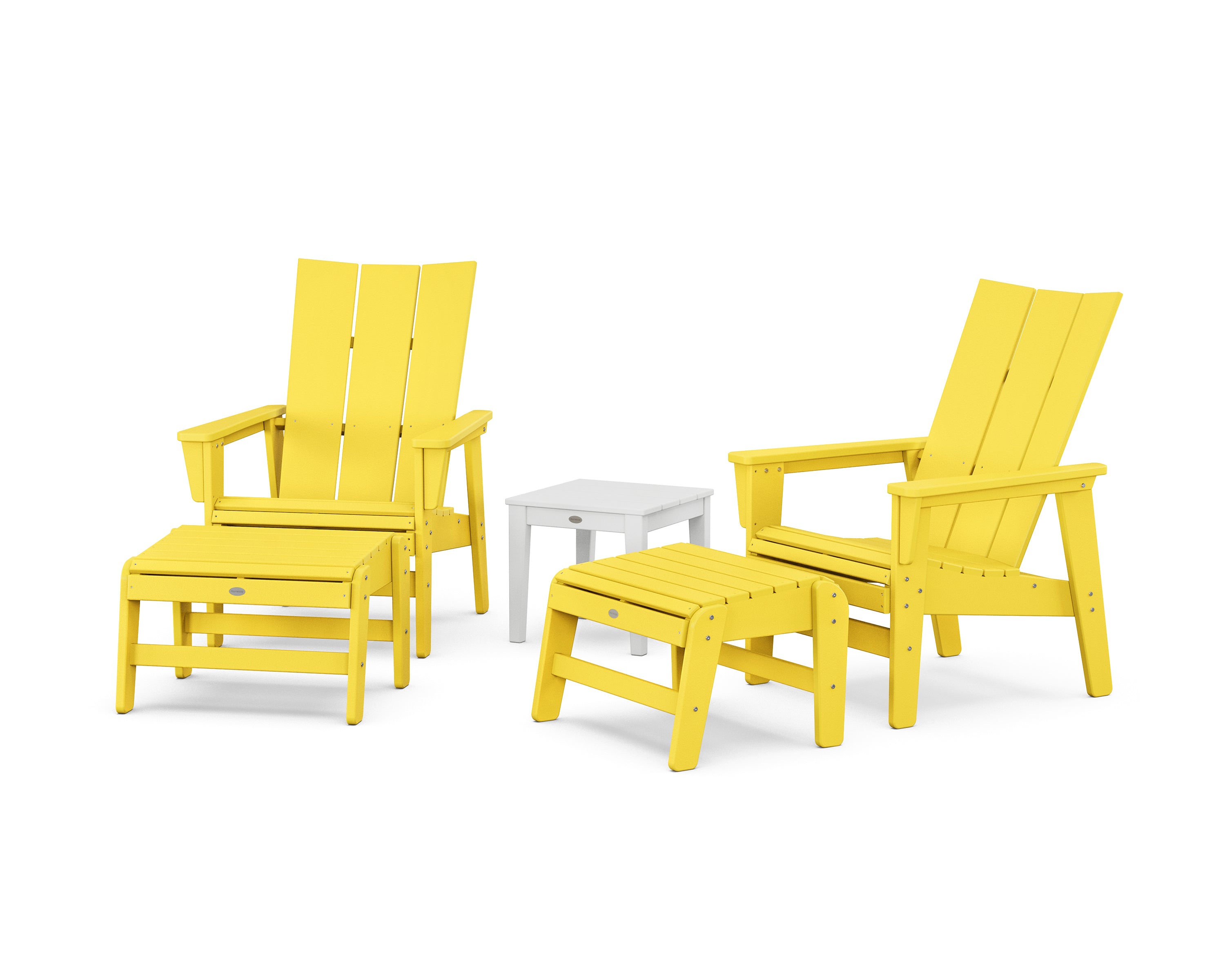 POLYWOOD® 5-Piece Modern Grand Upright Adirondack Set with Ottomans and Side Table in Lemon / White
