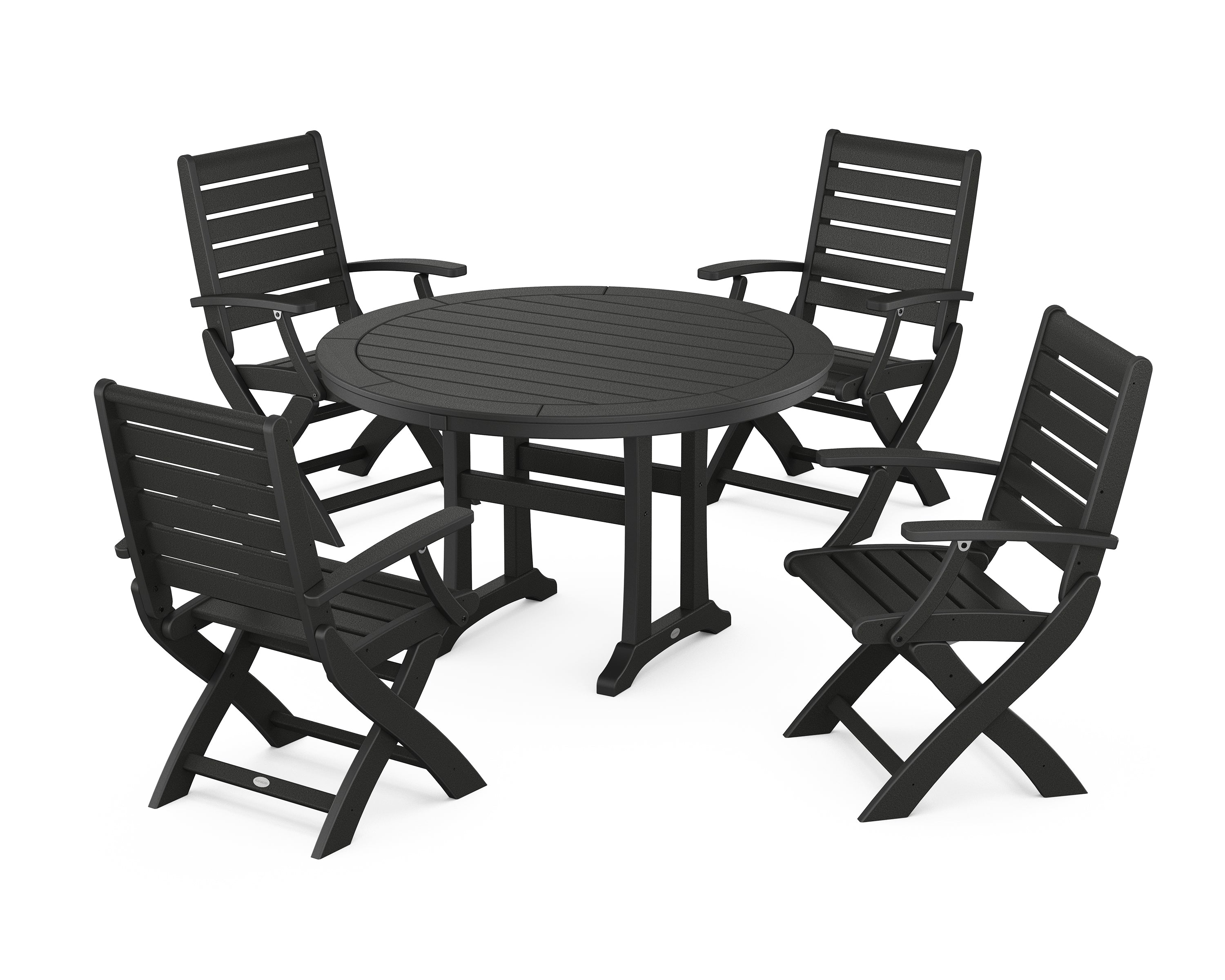 POLYWOOD® Signature Folding Chair 5-Piece Round Dining Set with Trestle Legs in Black