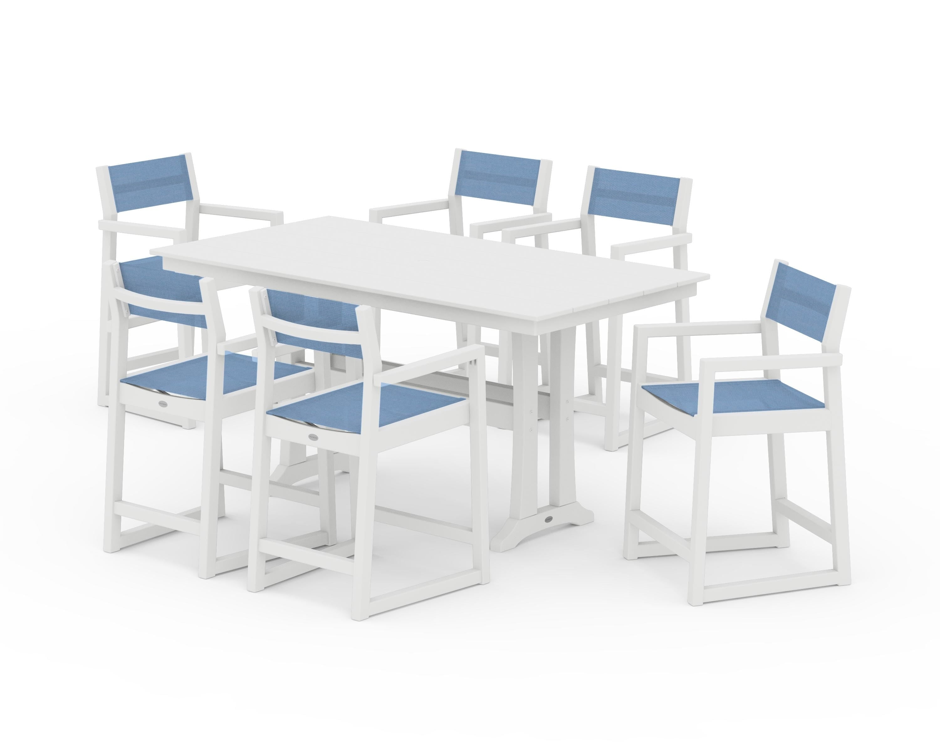 POLYWOOD EDGE Sling Arm Chair 7-Piece Farmhouse Counter Set with Trestle Legs in White / Poolside Sling