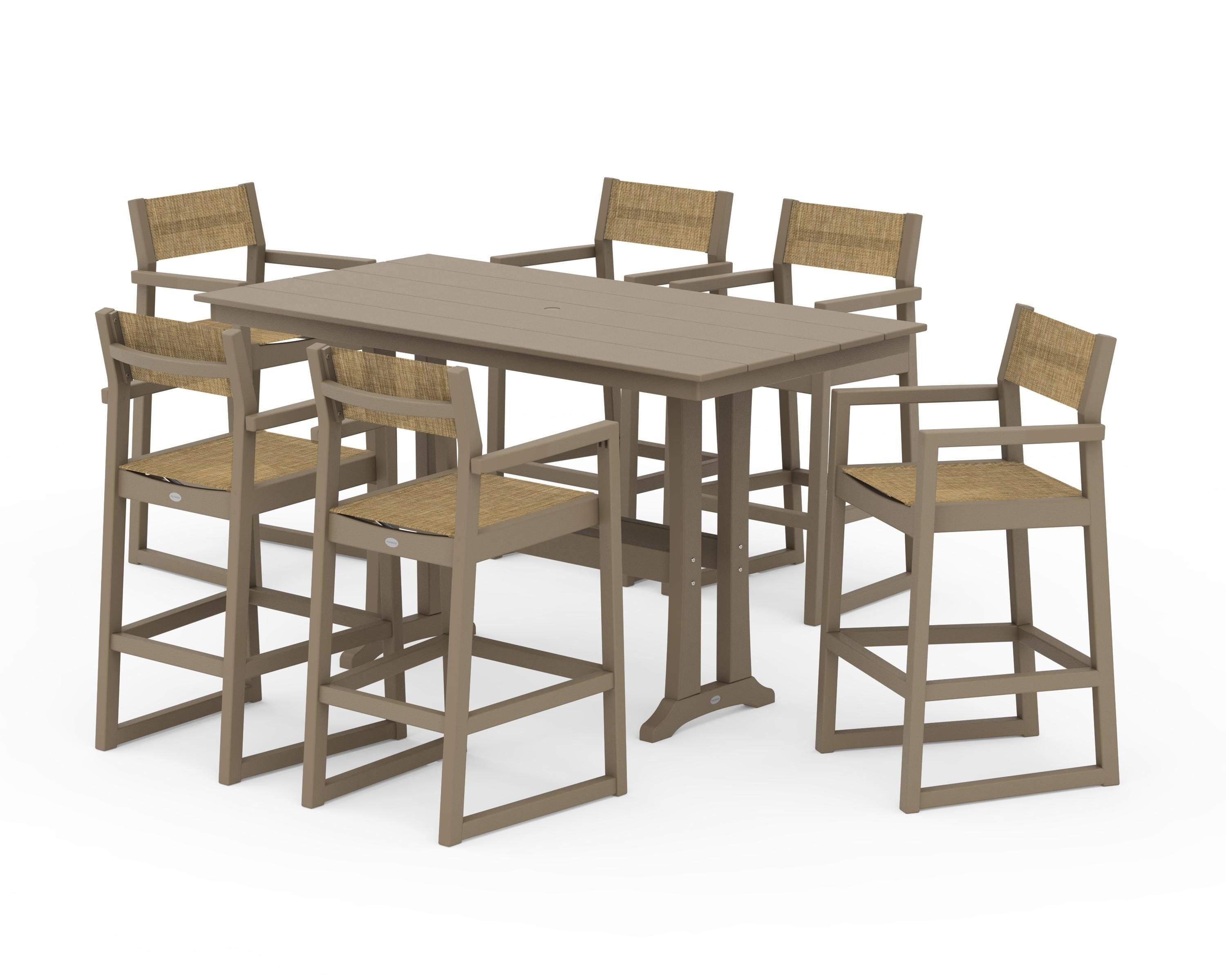 POLYWOOD EDGE Sling Arm Chair 7-Piece Farmhouse Bar Set with Trestle Legs in Vintage Sahara / Burlap Sling