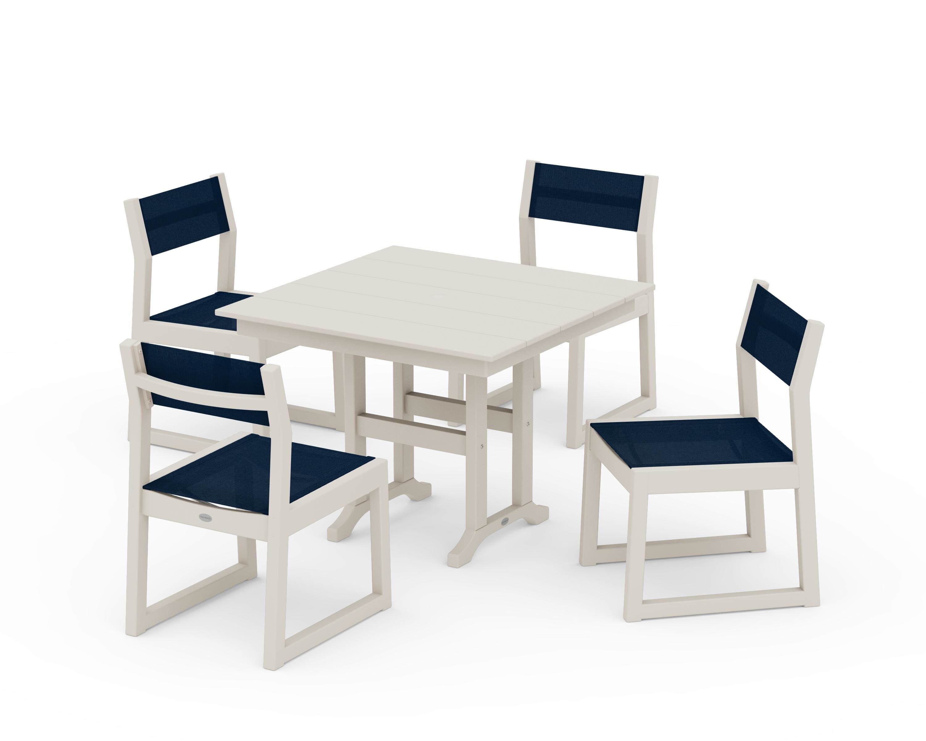 POLYWOOD EDGE Sling Side Chair 5-Piece Farmhouse Dining Set in Sand / Navy Blue Sling