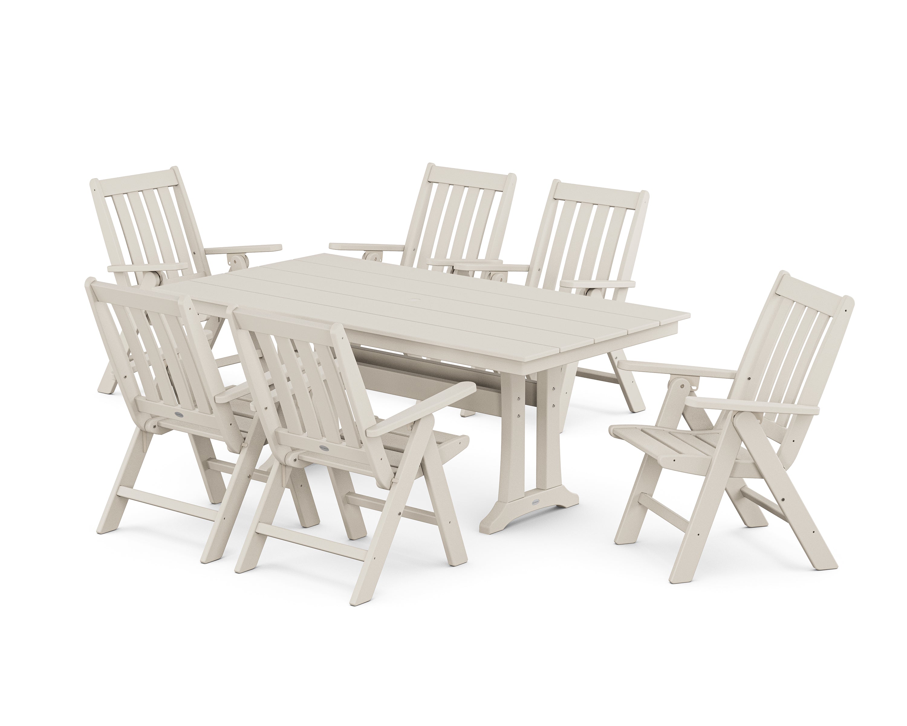 POLYWOOD Vineyard Folding Chair 7-Piece Farmhouse Dining Set with Trestle Legs in Sand