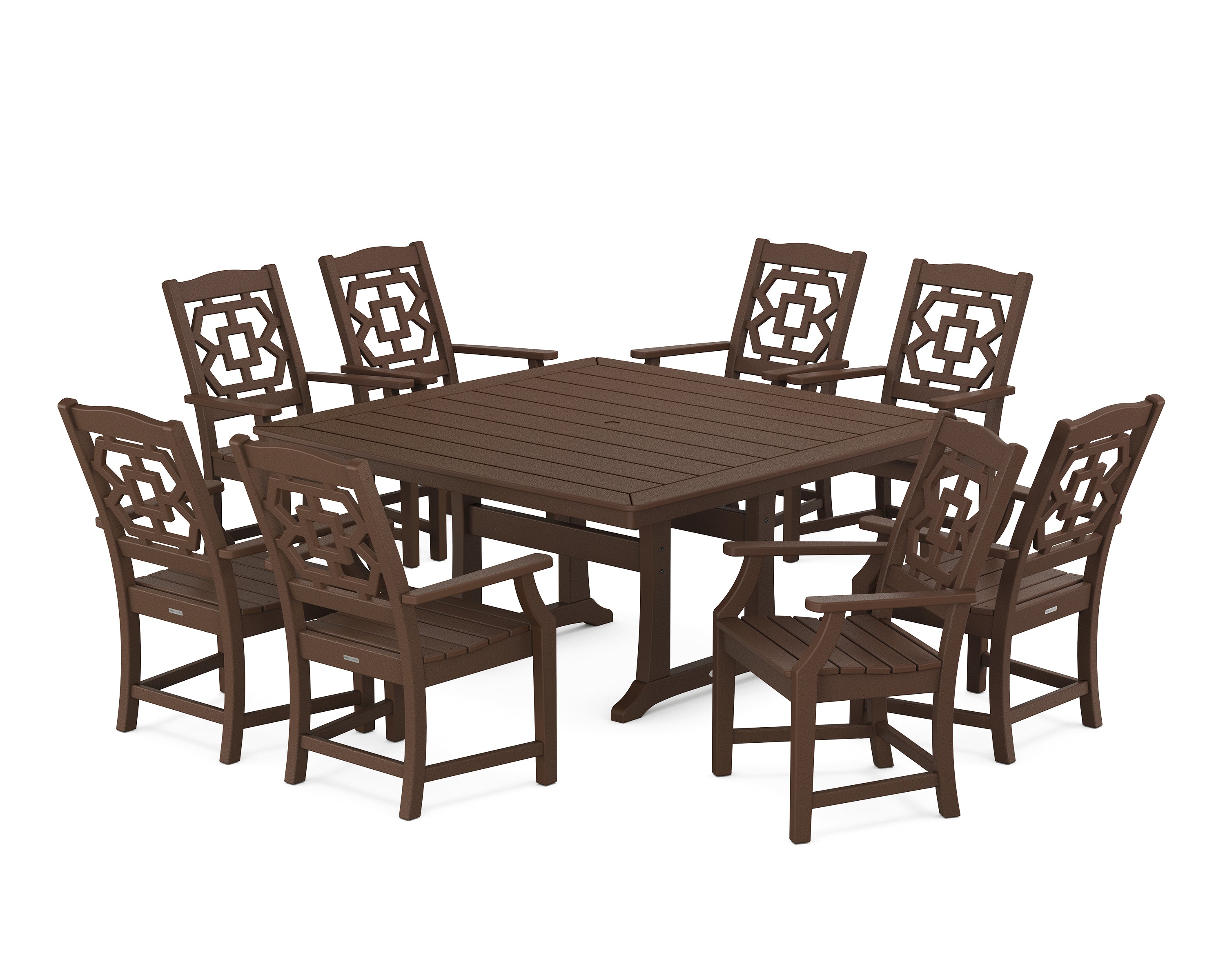 Martha Stewart by POLYWOOD® Chinoiserie 9-Piece Square Dining Set with Trestle Legs in Mahogany