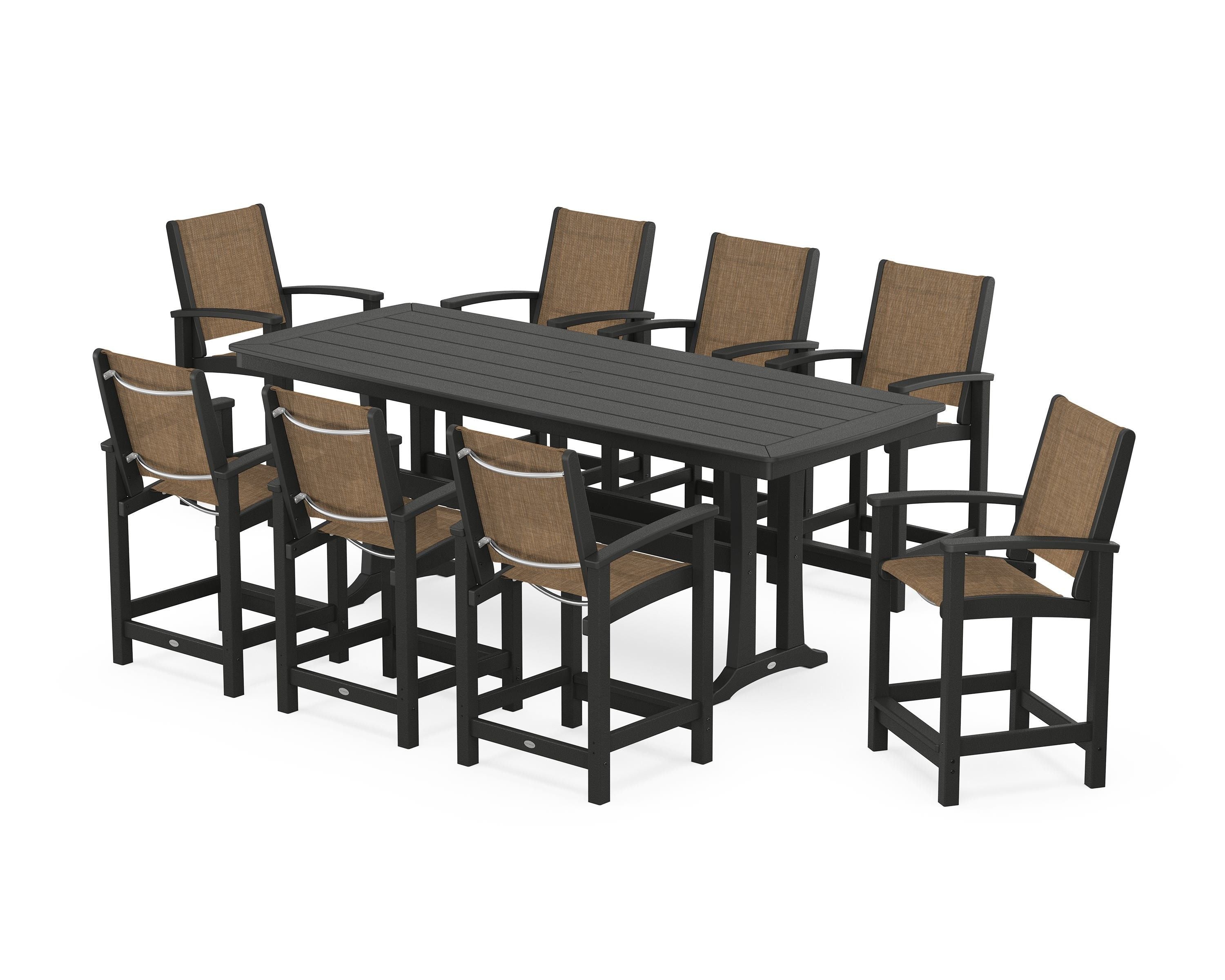 POLYWOOD Coastal 9-Piece Counter Set with Trestle Legs in Black / Burlap Sling