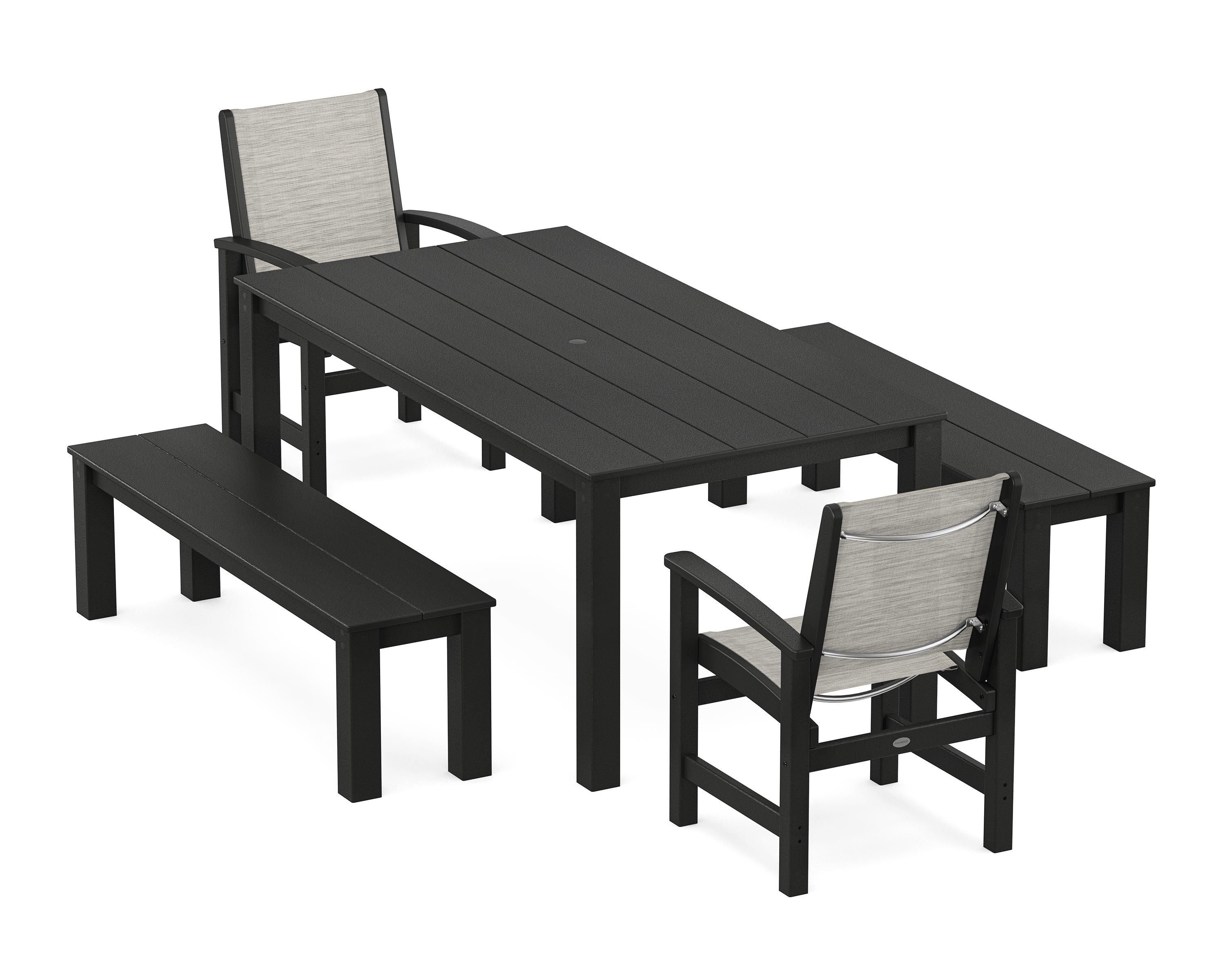 POLYWOOD Coastal 5-Piece Parsons Dining Set with Benches in Black / Birch Sling