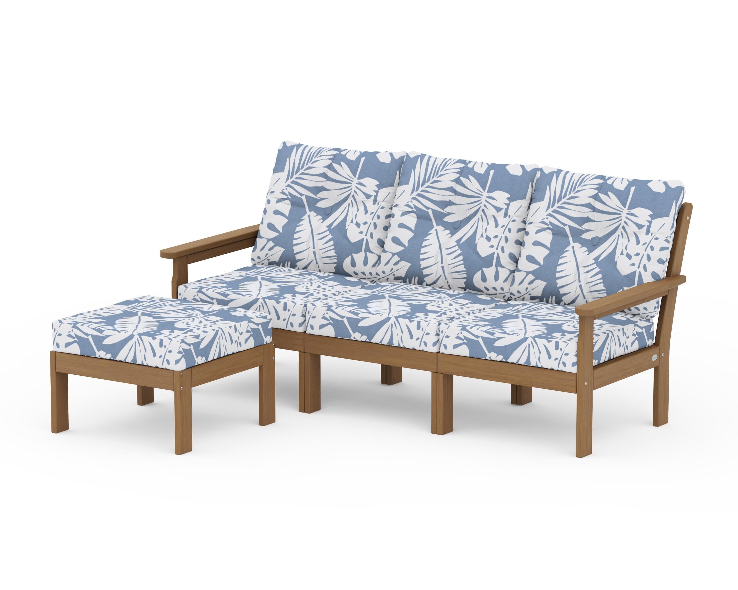POLYWOOD Vineyard 4-Piece Sectional with Ottoman in Natural / Leaf Sky Blue