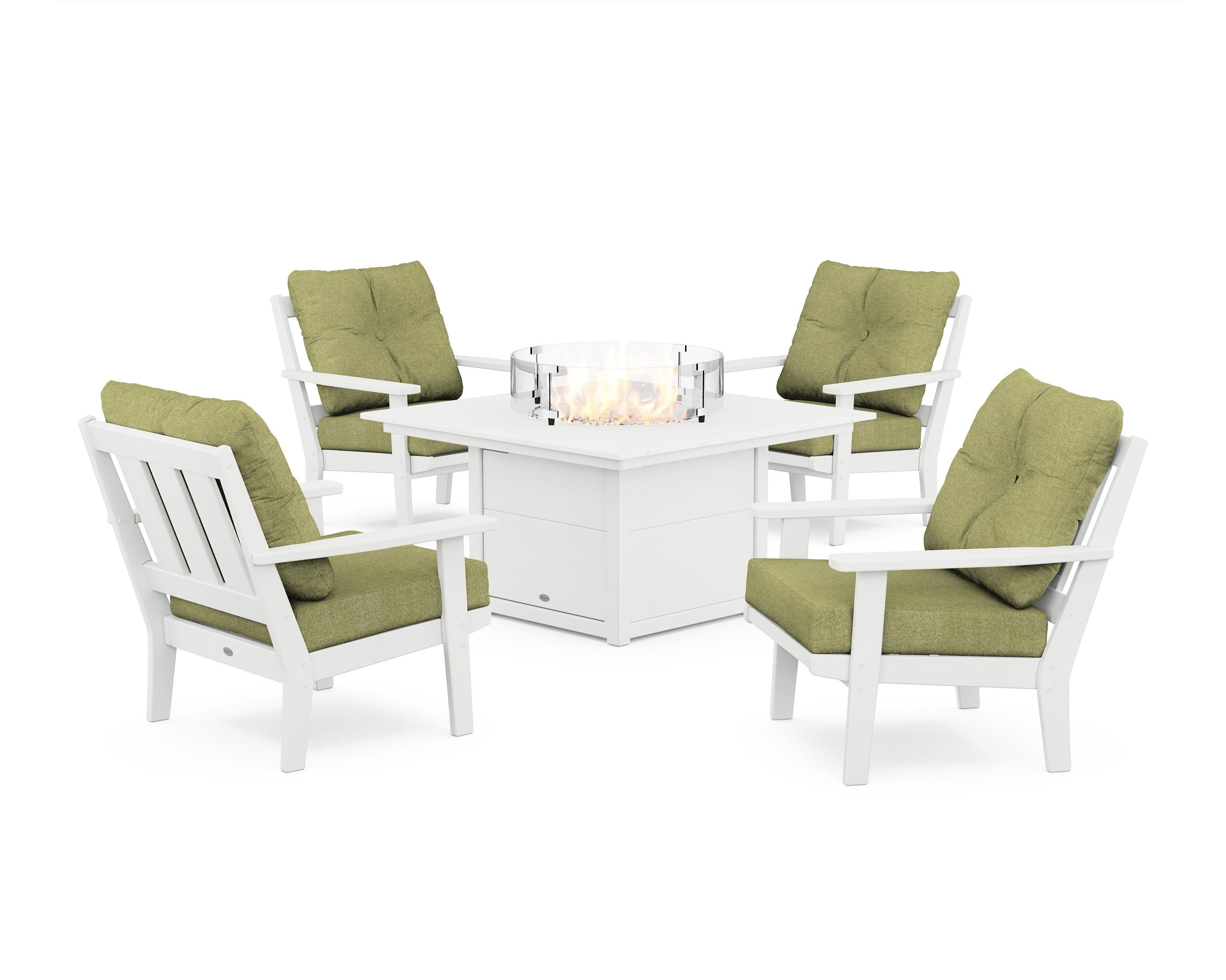 POLYWOOD Oxford 5-Piece Deep Seating Set with Fire Pit Table in White / Chartreuse Boucle
