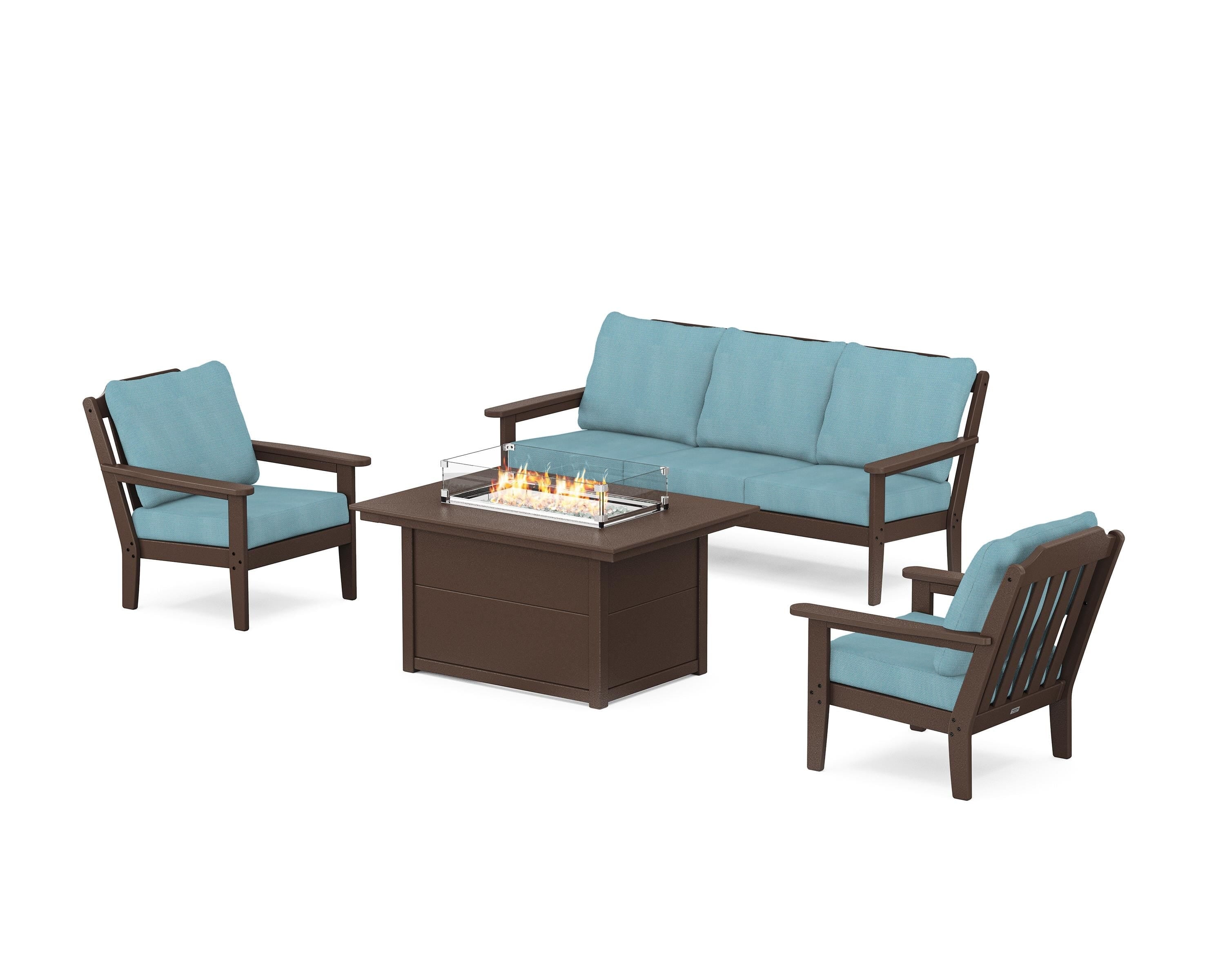 Country Living Cottage Deep Seating Fire Pit Table Set in Mahogany / Lattice Sky Blue