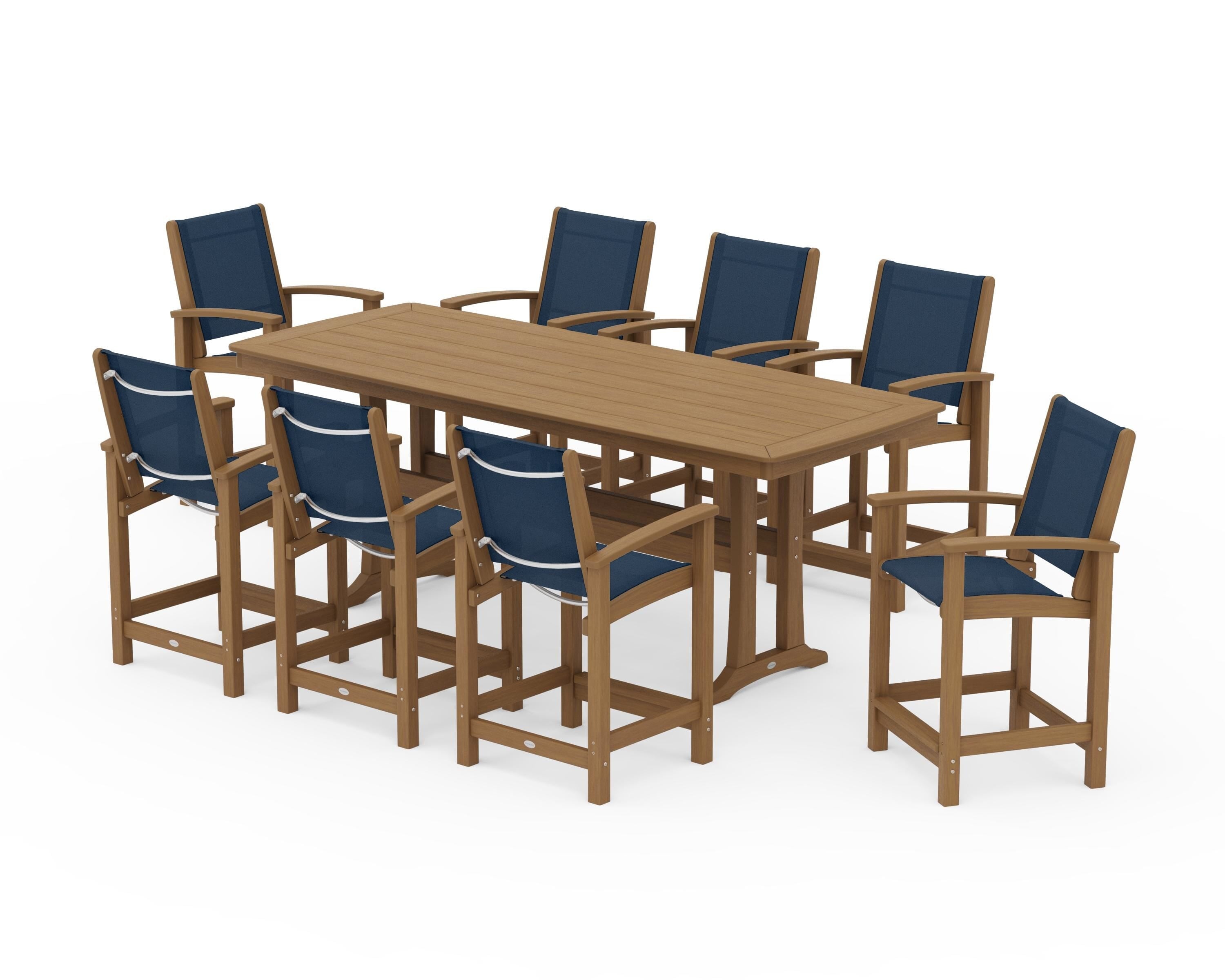POLYWOOD Coastal 9-Piece Counter Set with Trestle Legs in Natural / Navy Blue Sling