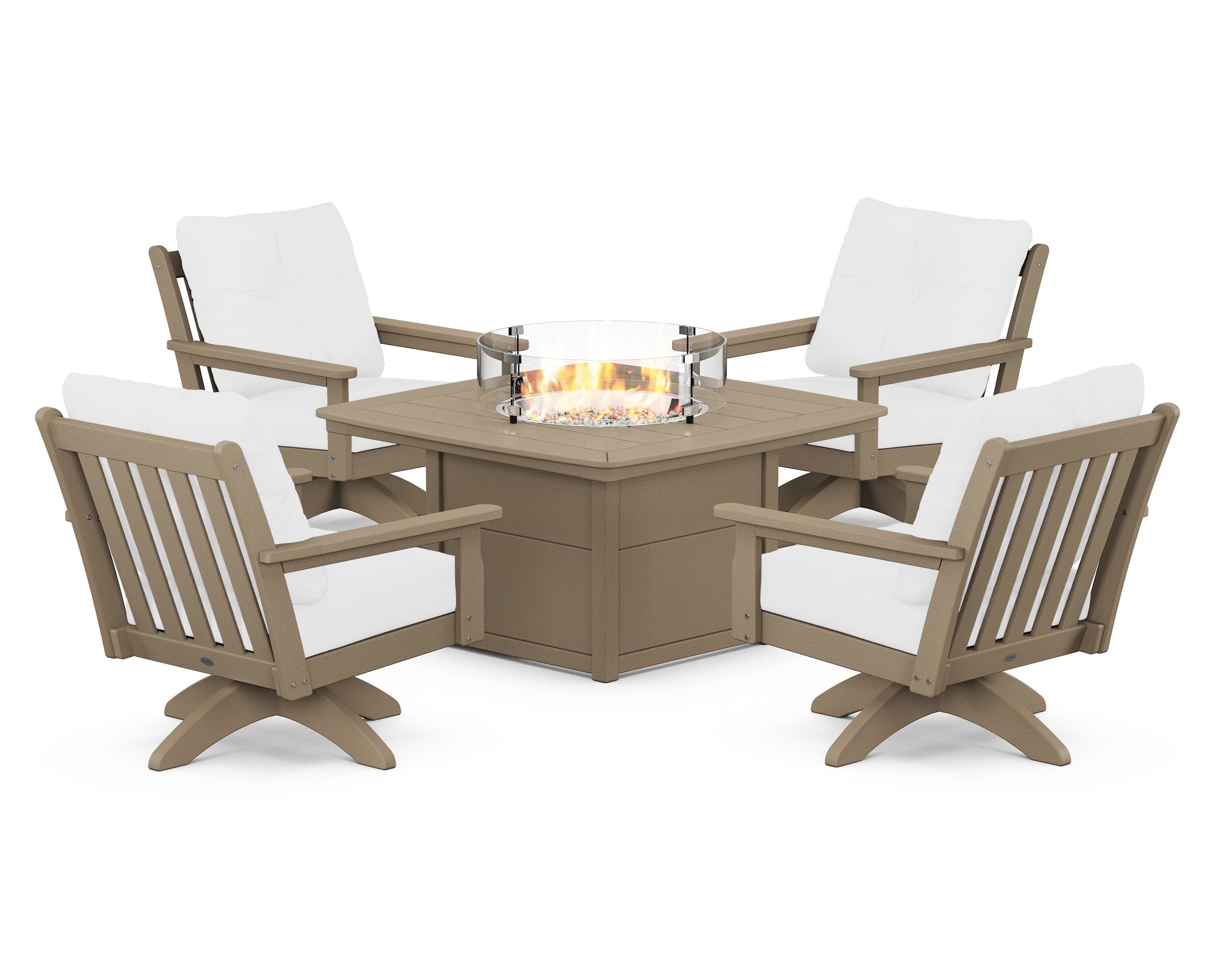 POLYWOOD Vineyard 5-Piece Deep Seating Swivel Conversation Set with Fire Pit Table in Vintage Sahara / Natural