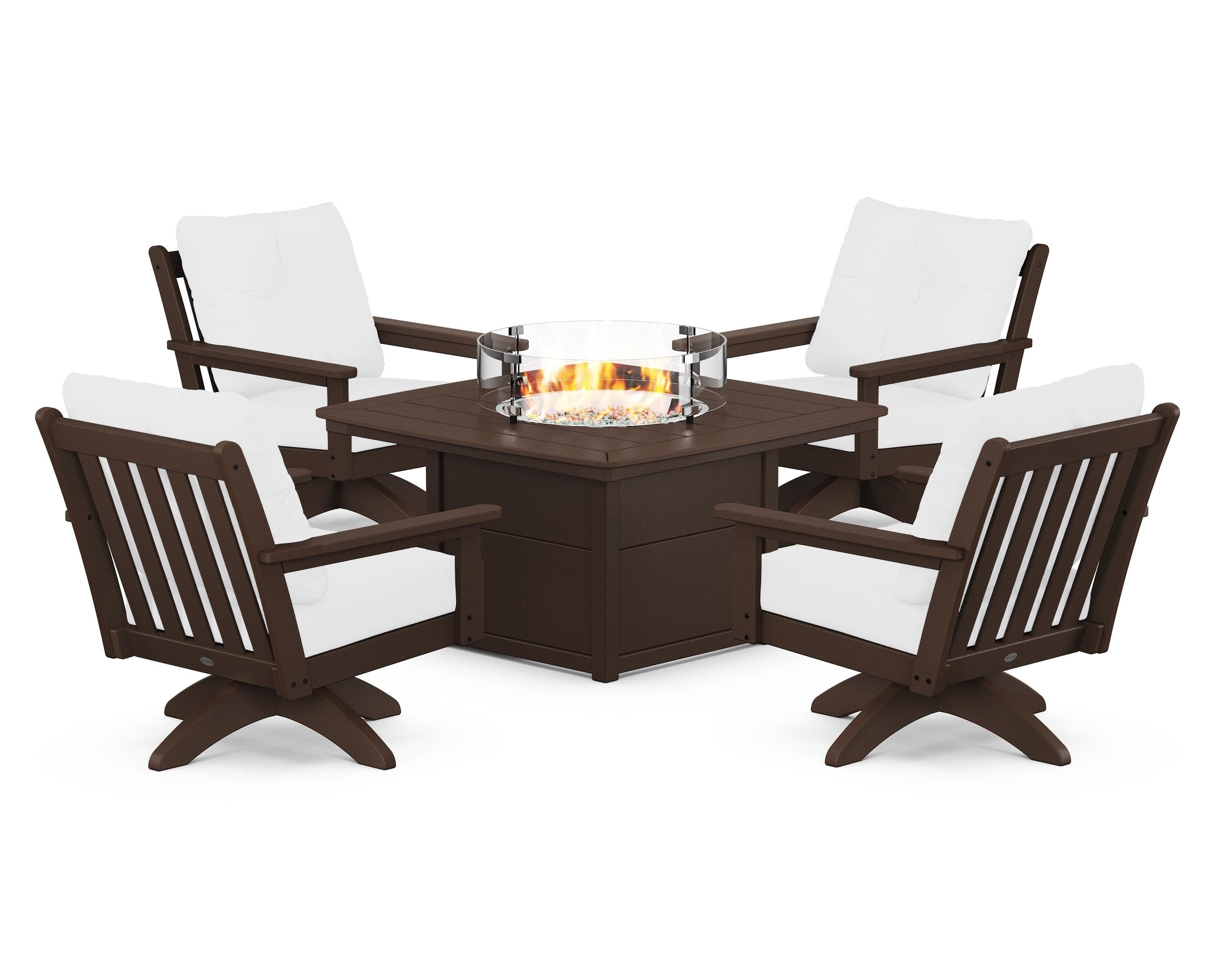 POLYWOOD Vineyard 5-Piece Deep Seating Swivel Conversation Set with Fire Pit Table in Mahogany / Natural