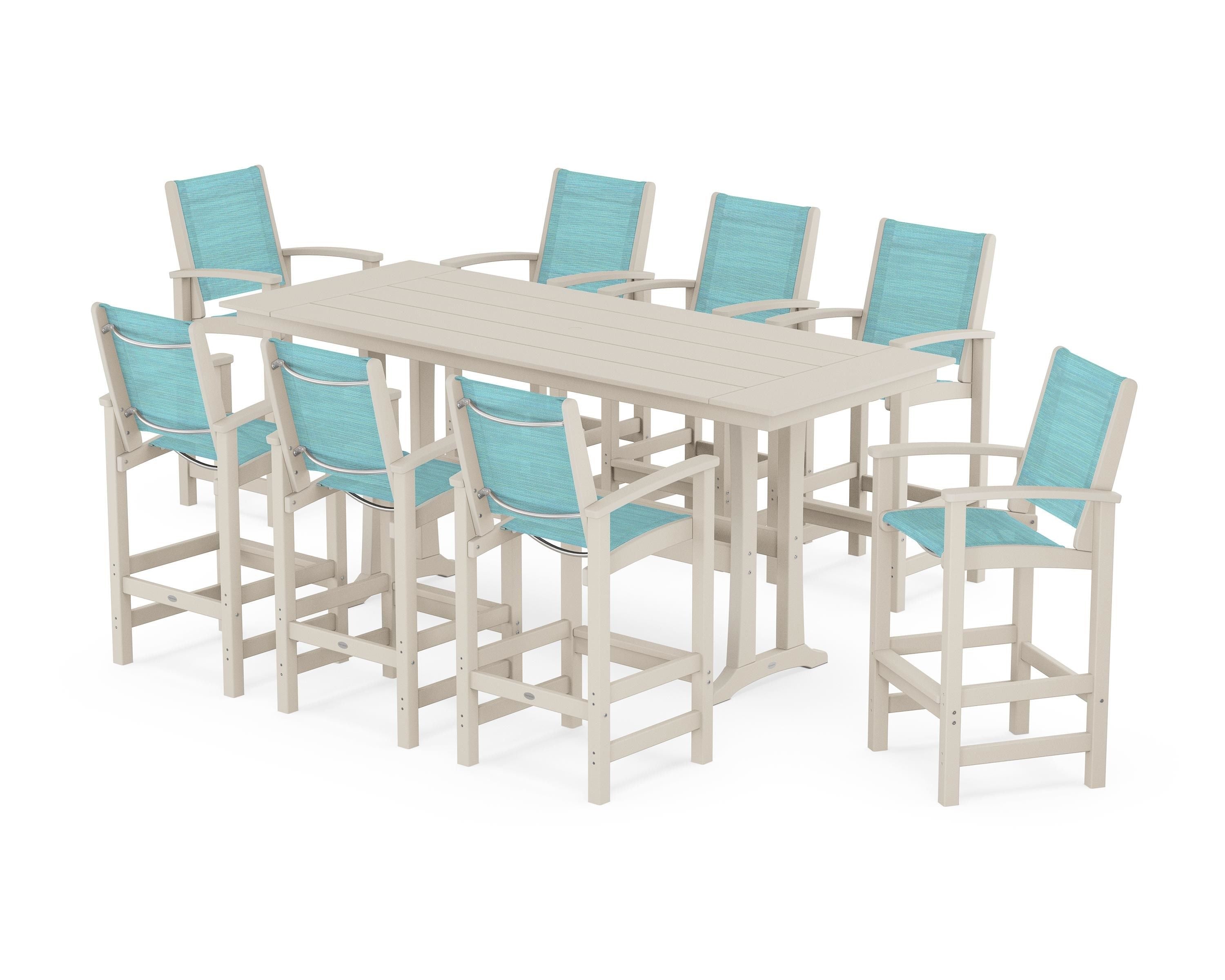 POLYWOOD Coastal 9-Piece Farmhouse Bar Set with Trestle Legs in Sand / Dupioni Aquamarine Sling
