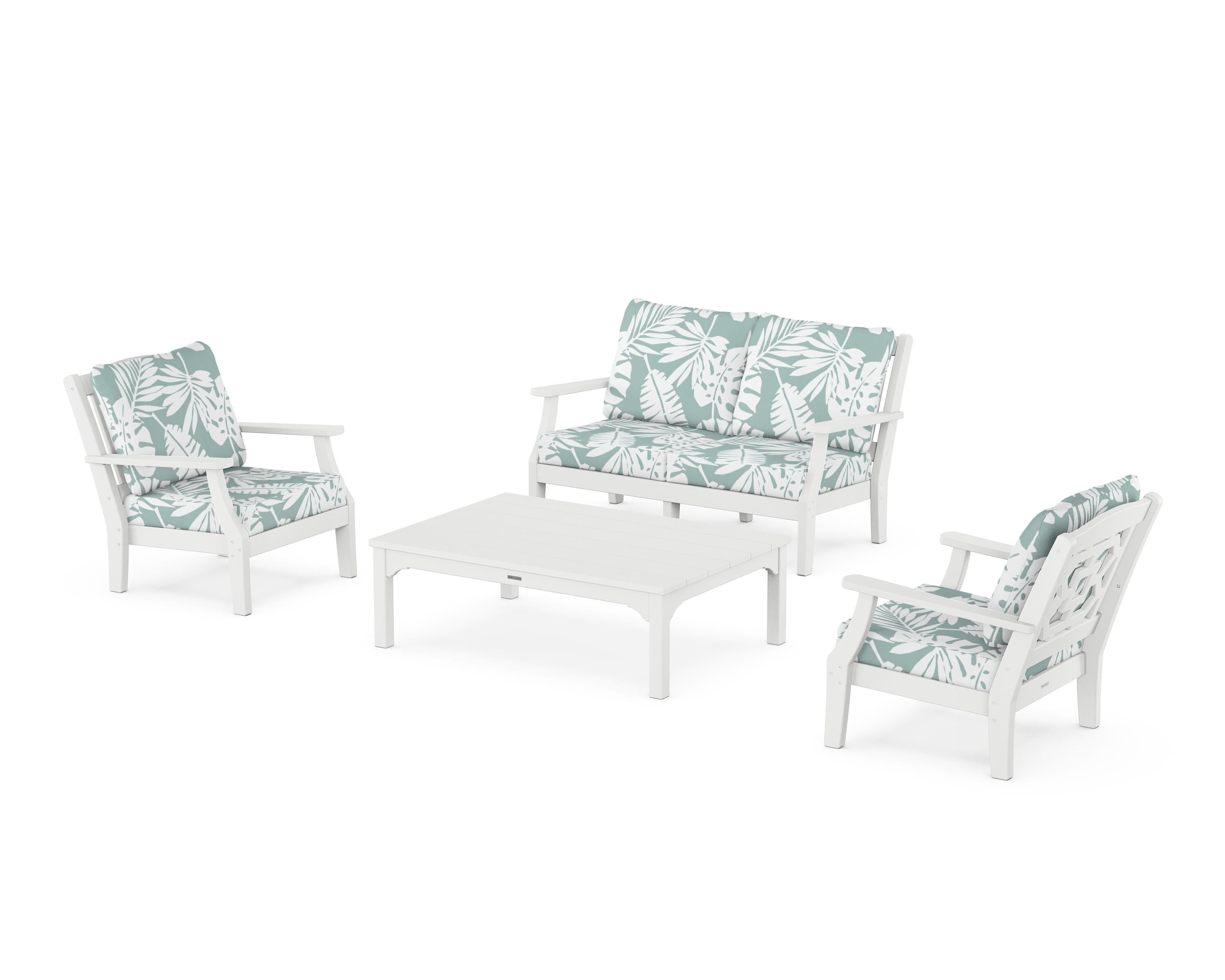 Martha Stewart by POLYWOOD Chinoiserie 4-Piece Deep Seating Set with Loveseat in White / Leaf Glacier Spa