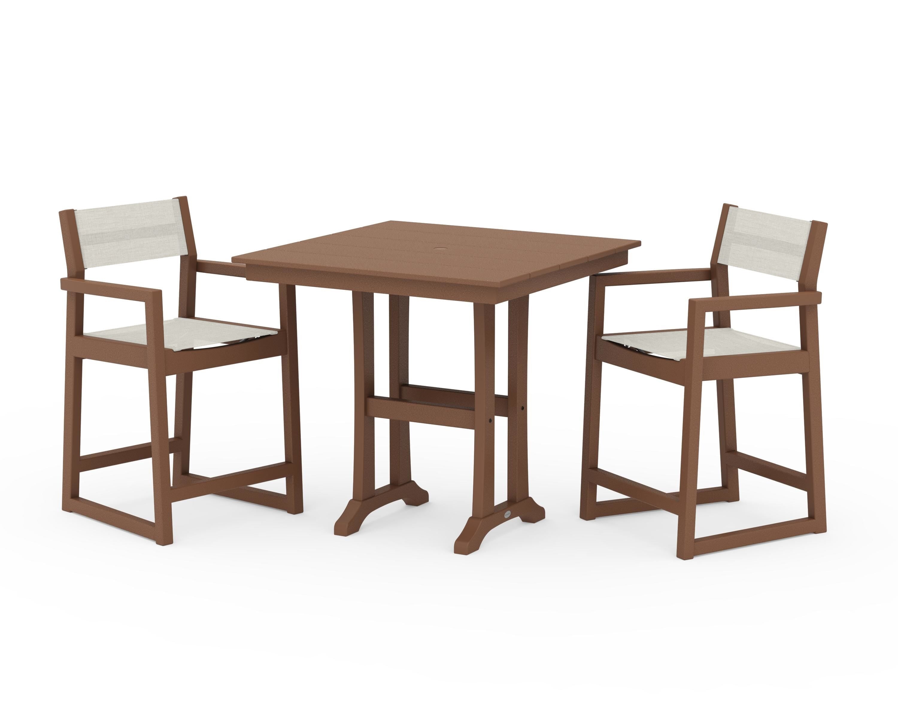 POLYWOOD EDGE Sling Arm Chair 3-Piece Farmhouse Counter Set with Trestle Legs in Teak / Parchment Sling
