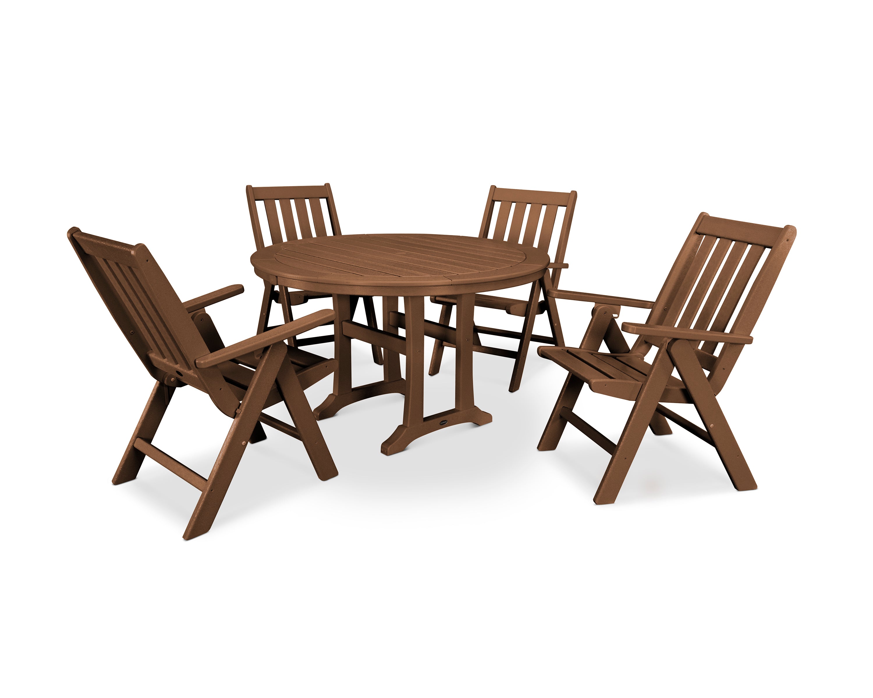 POLYWOOD® Vineyard Folding Chair 5-Piece Round Dining Set with Trestle Legs in Teak