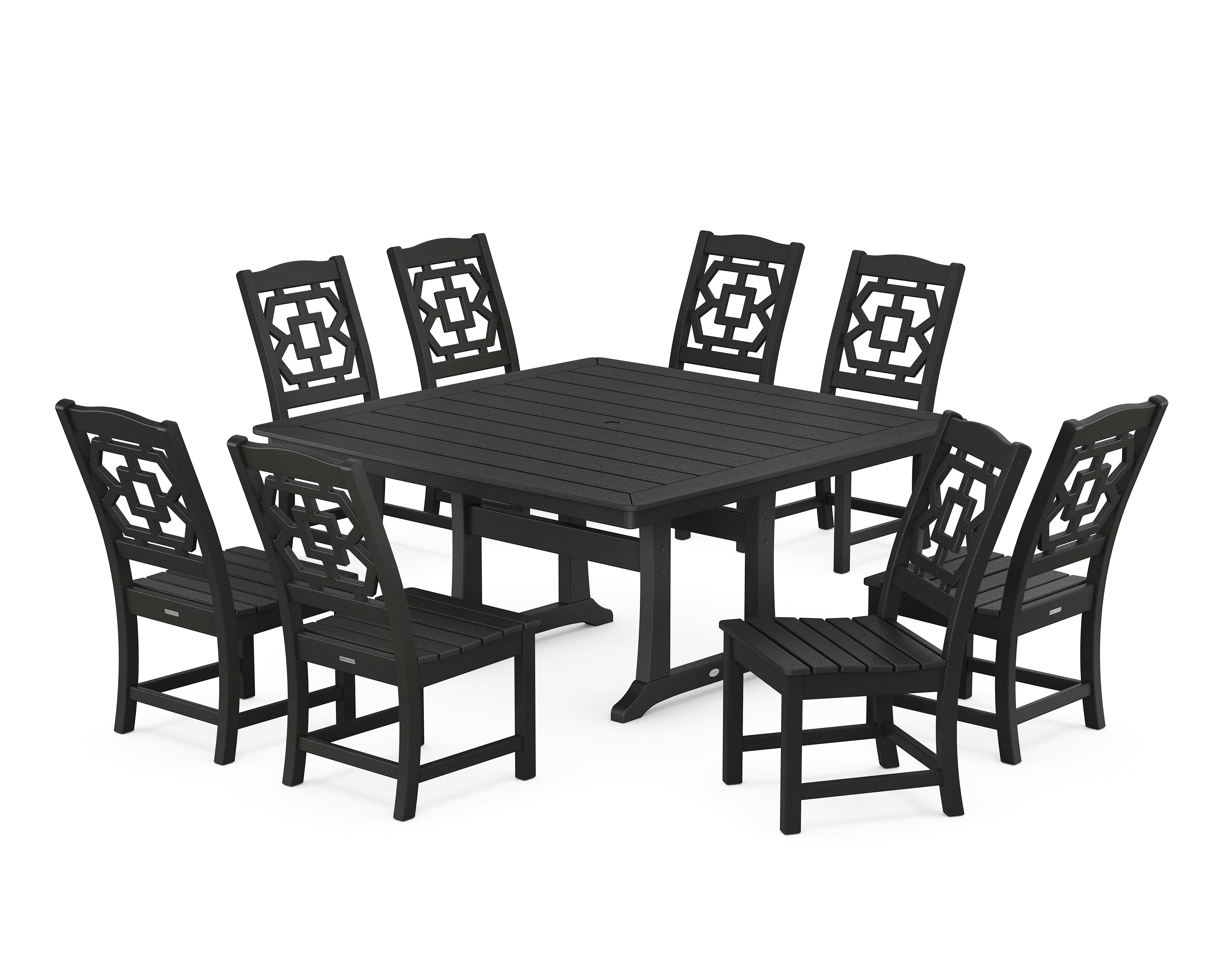 Martha Stewart by POLYWOOD® Chinoiserie 9-Piece Square Side Chair Dining Set with Trestle Legs in Black