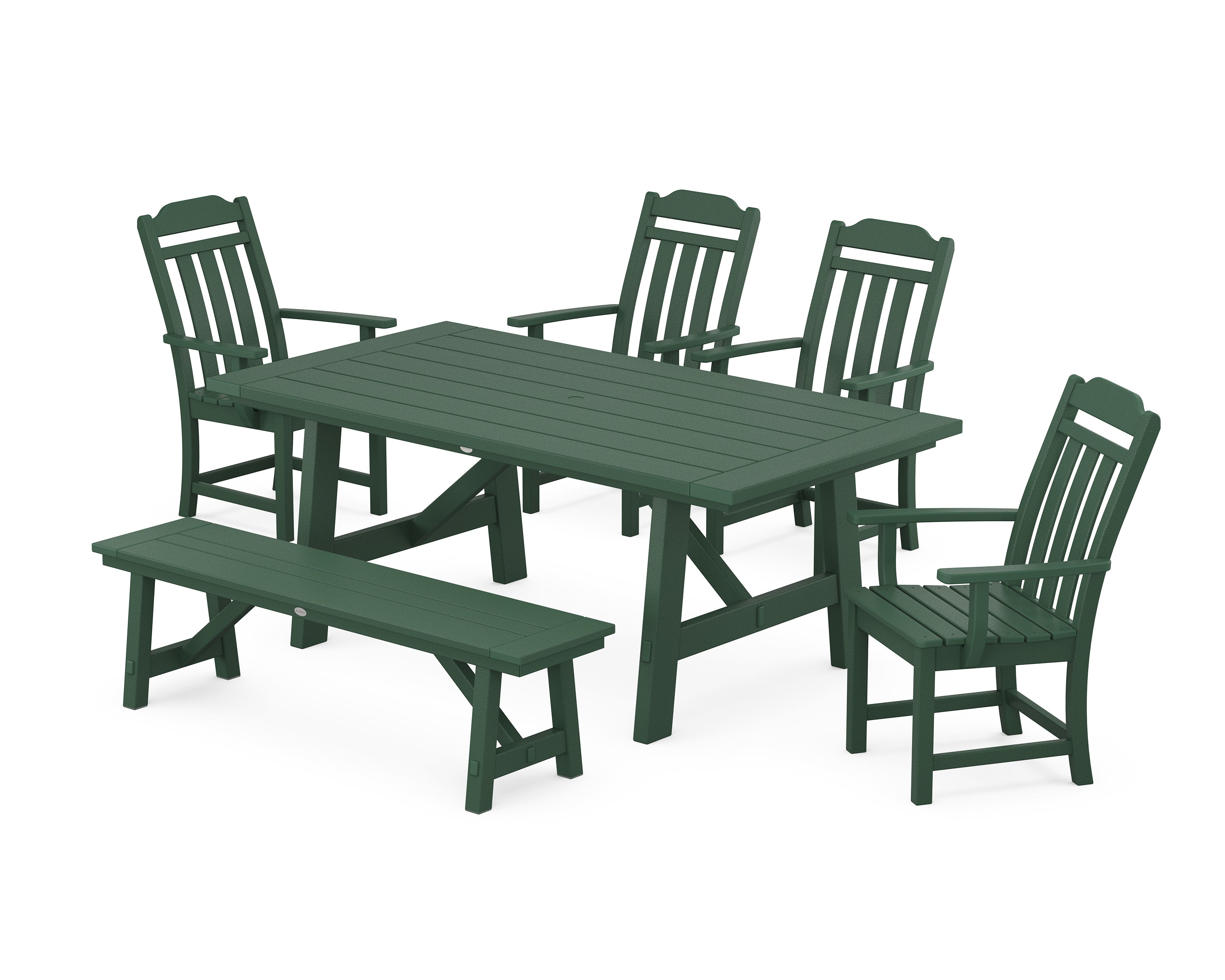 Polywood Country Living 6-Piece Rustic Farmhouse Dining Set with Bench in Green