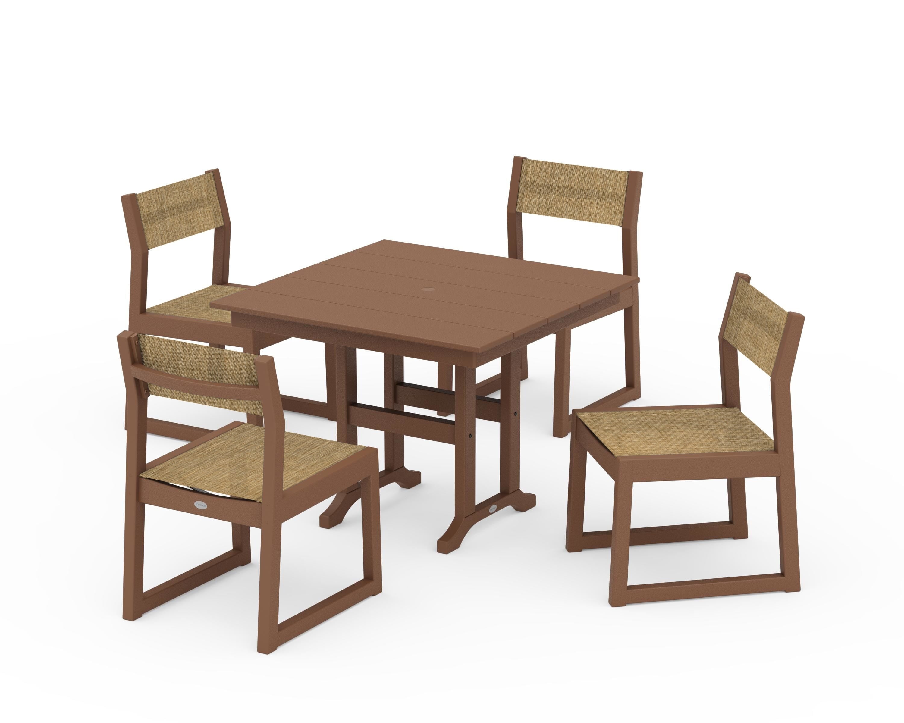 POLYWOOD EDGE Sling Side Chair 5-Piece Farmhouse Dining Set in Teak / Burlap Sling