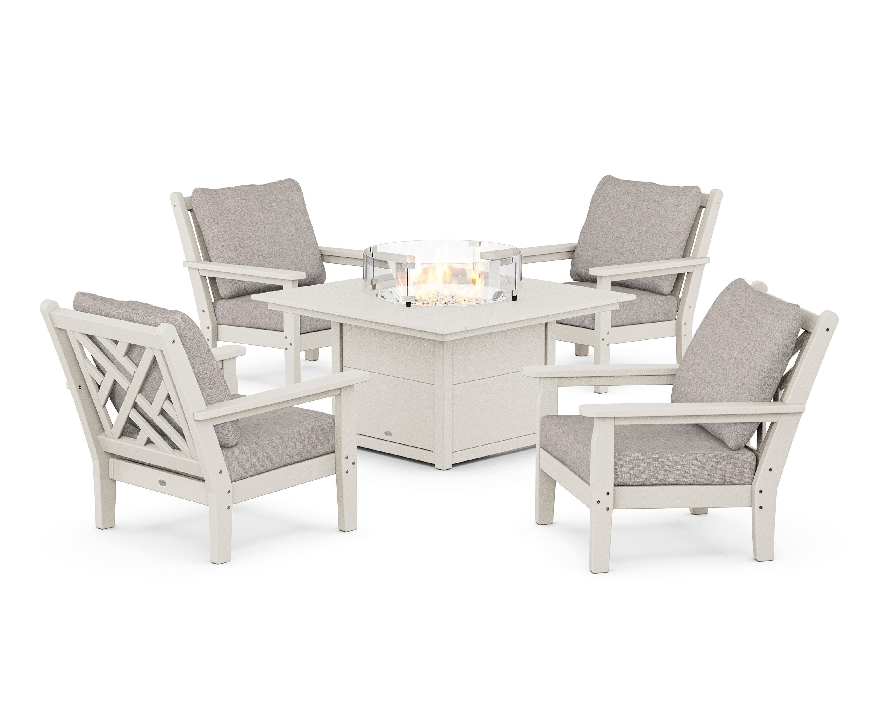 POLYWOOD Chippendale 5-Piece Deep Seating Set with Fire Pit Table in Sand / Weathered Tweed