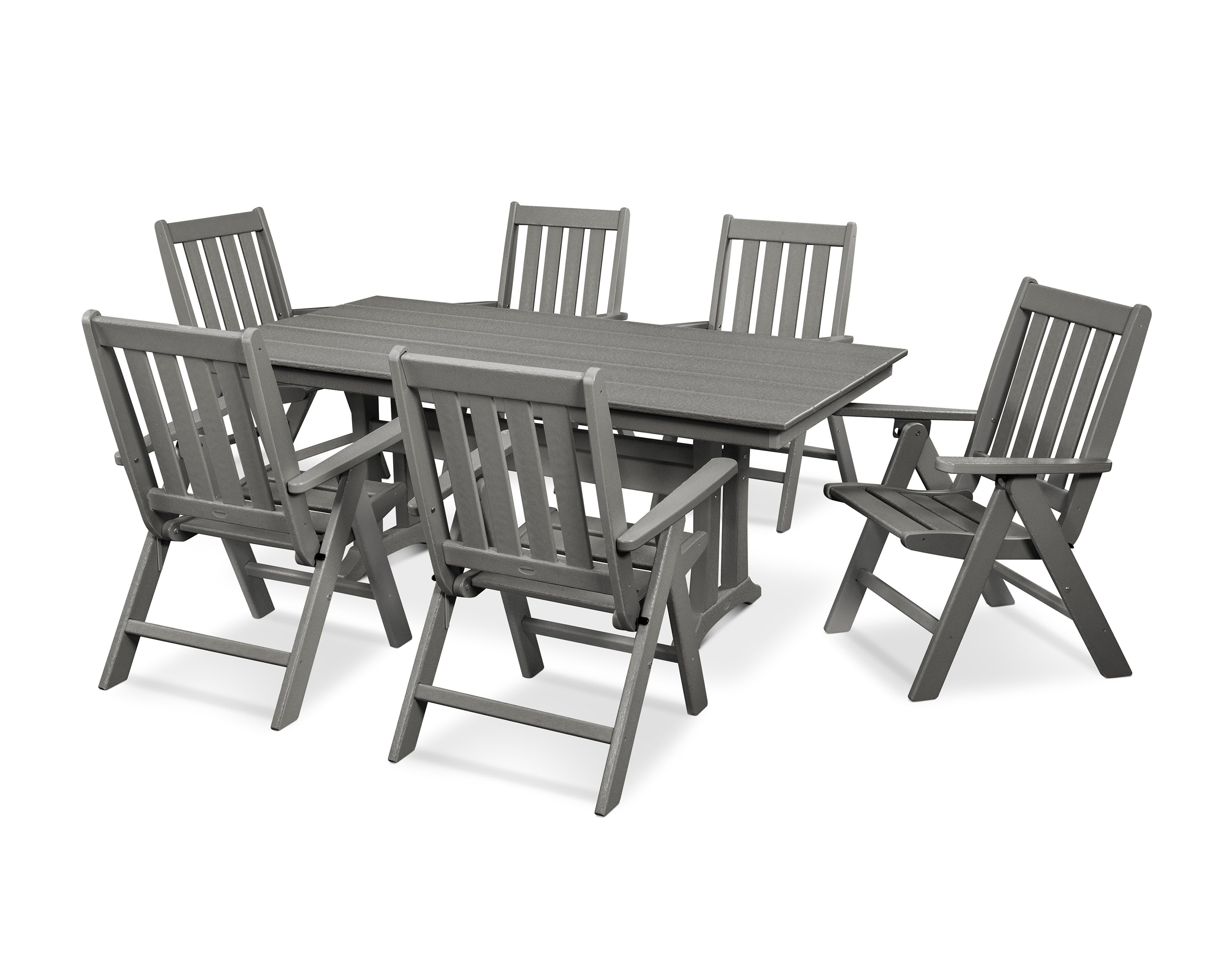 POLYWOOD® Vineyard Folding Chair 7-Piece Farmhouse Dining Set with Trestle Legs in Slate Grey
