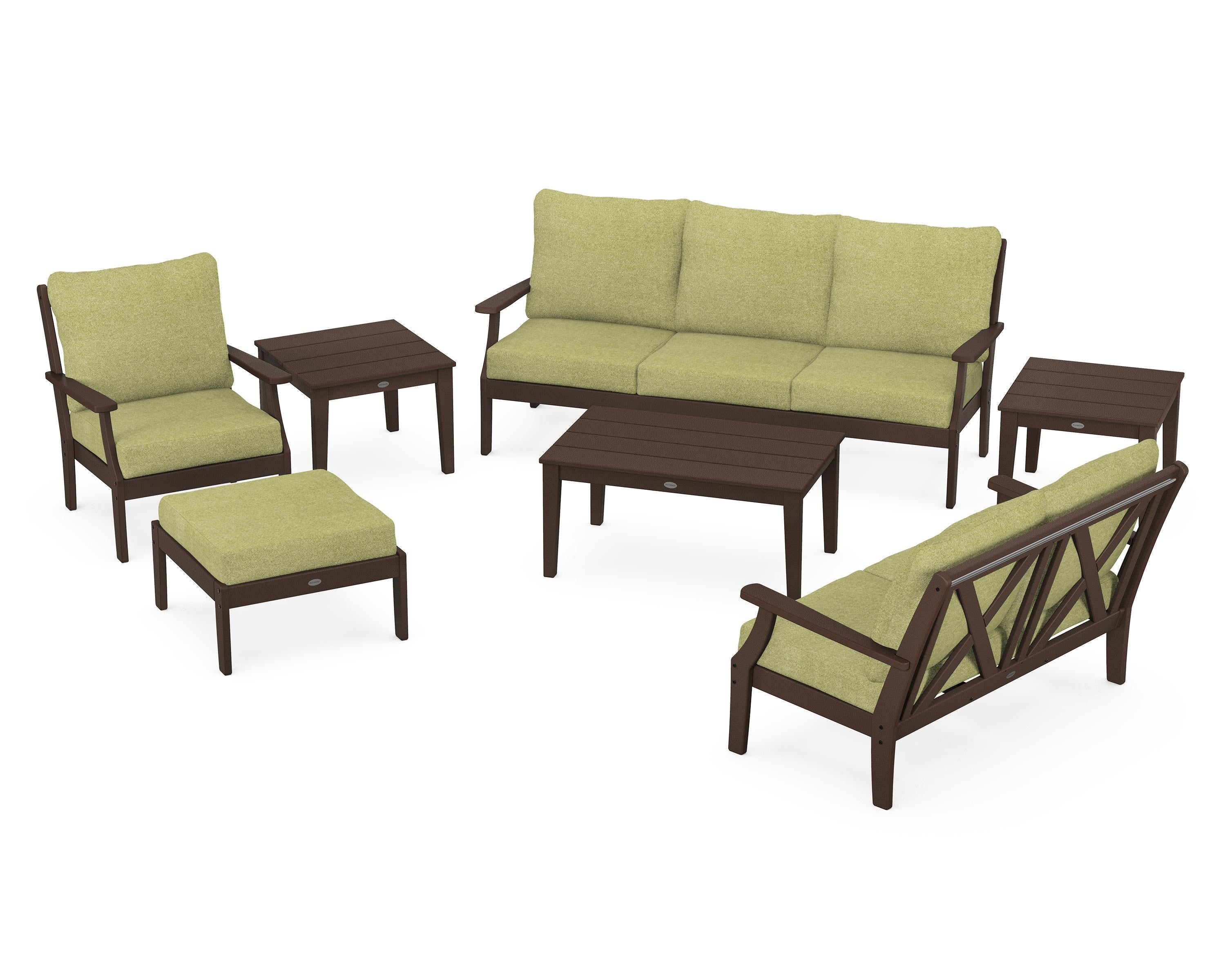 POLYWOOD Braxton 7-Piece Deep Seating Set in Mahogany / Chartreuse Boucle
