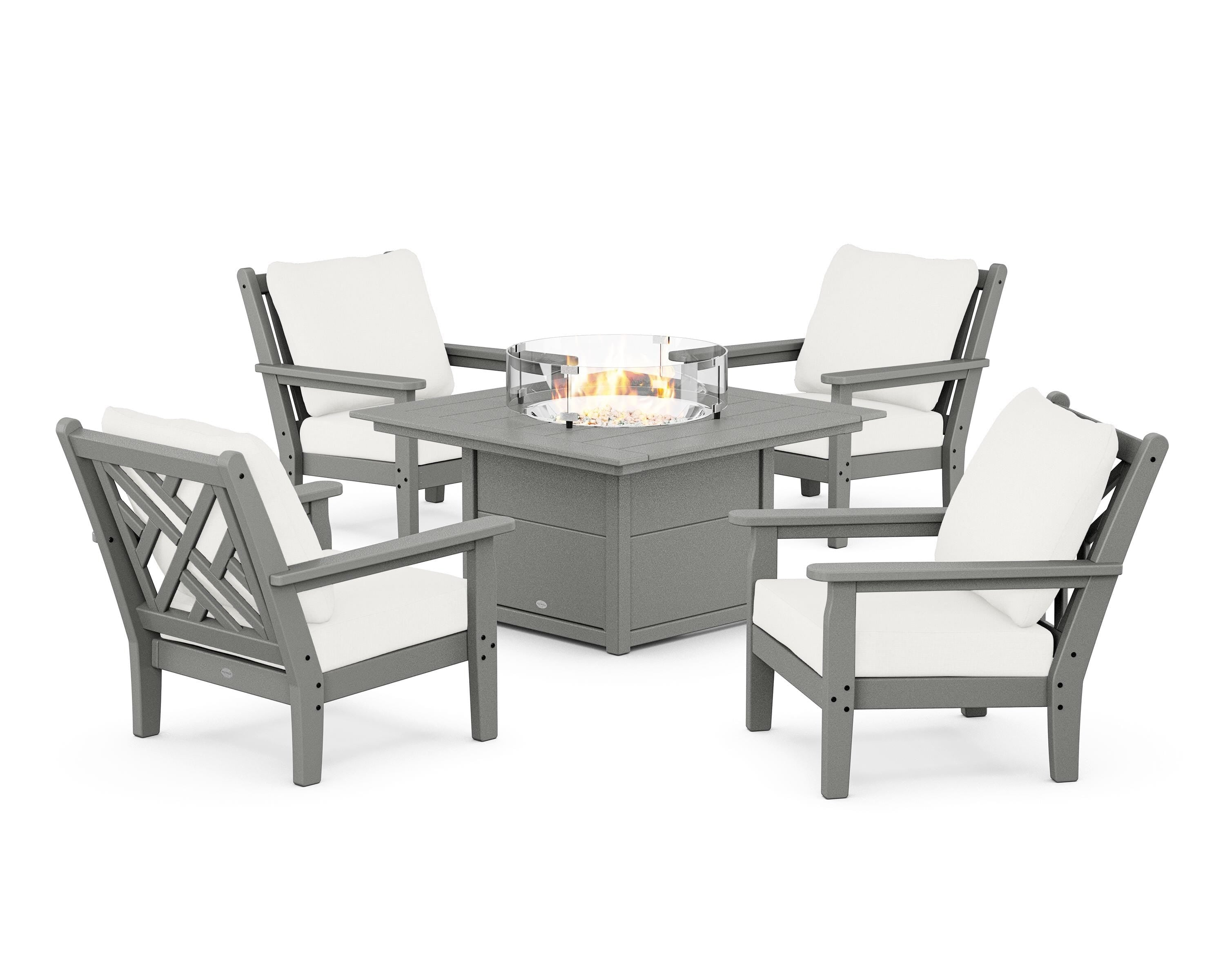 POLYWOOD Chippendale 5-Piece Deep Seating Set with Fire Pit Table in Slate Grey / Natural Linen