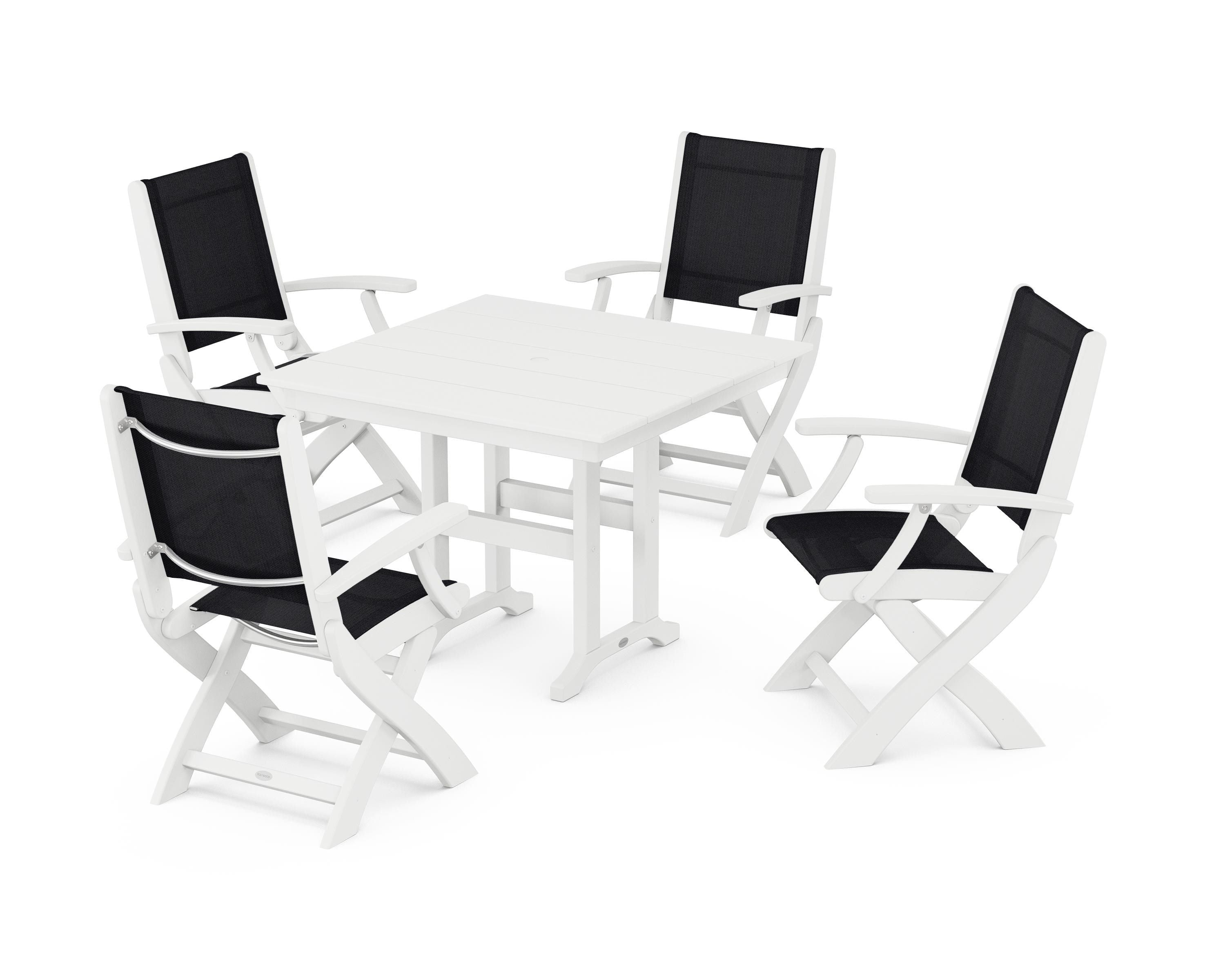 POLYWOOD Coastal Folding Chair 5-Piece Farmhouse Dining Set in White / Black Sling