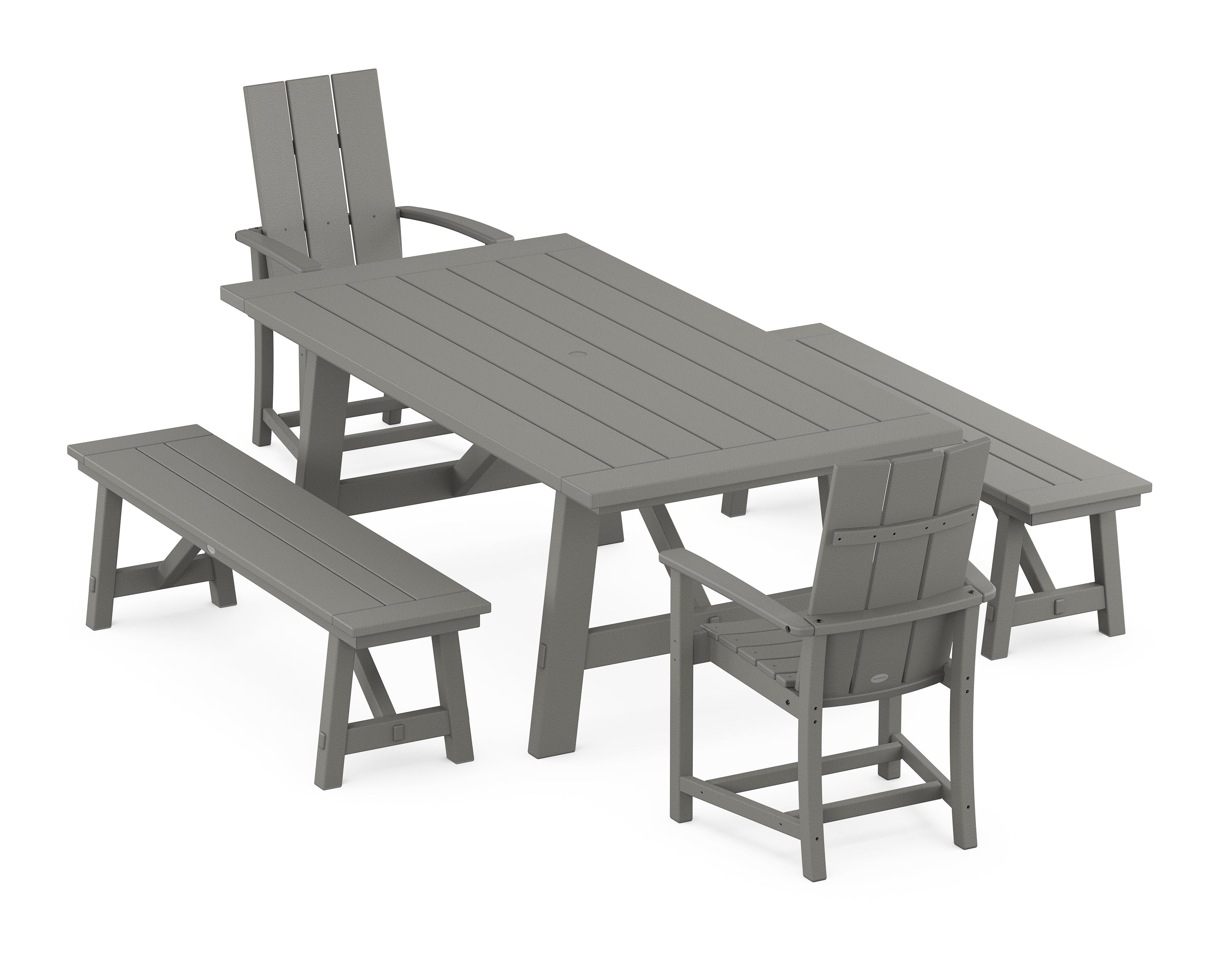 POLYWOOD® Modern Adirondack 5-Piece Rustic Farmhouse Dining Set With Benches in Slate Grey