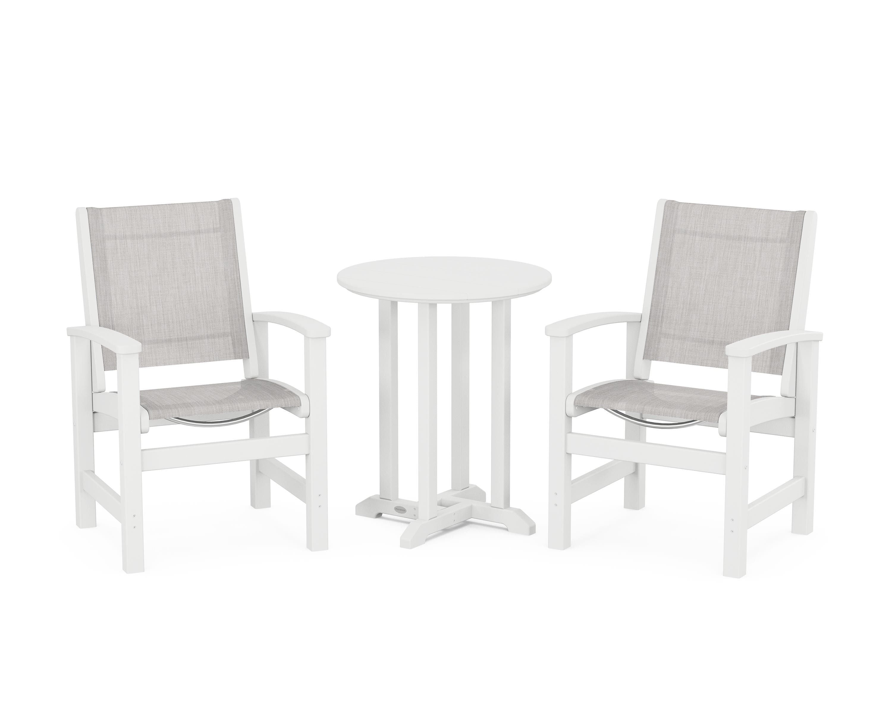 POLYWOOD Coastal 3-Piece Round Bistro Dining Set in White / Parchment Sling