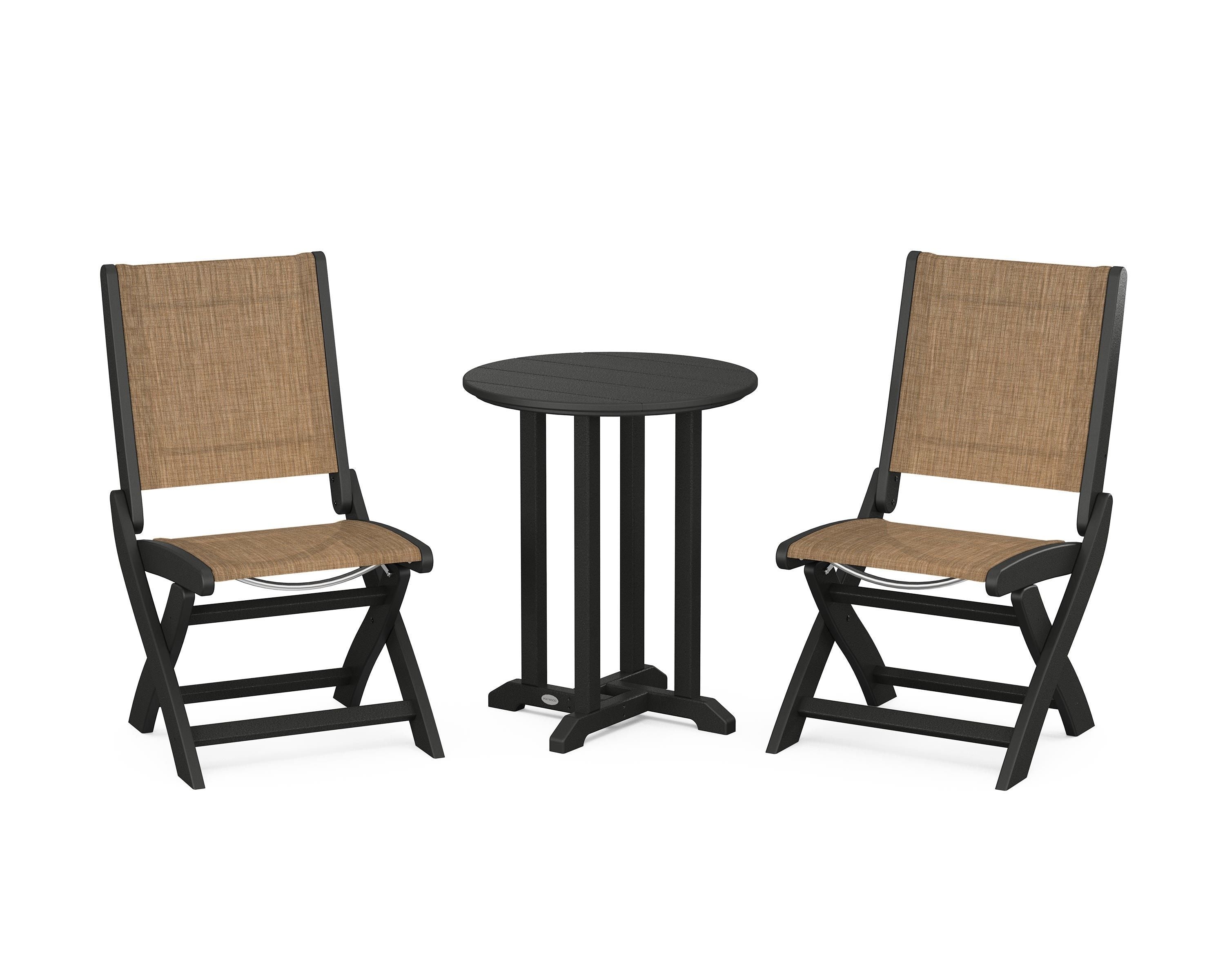 POLYWOOD Coastal Folding Side Chair 3-Piece Round Bistro Dining Set in Black / Burlap Sling