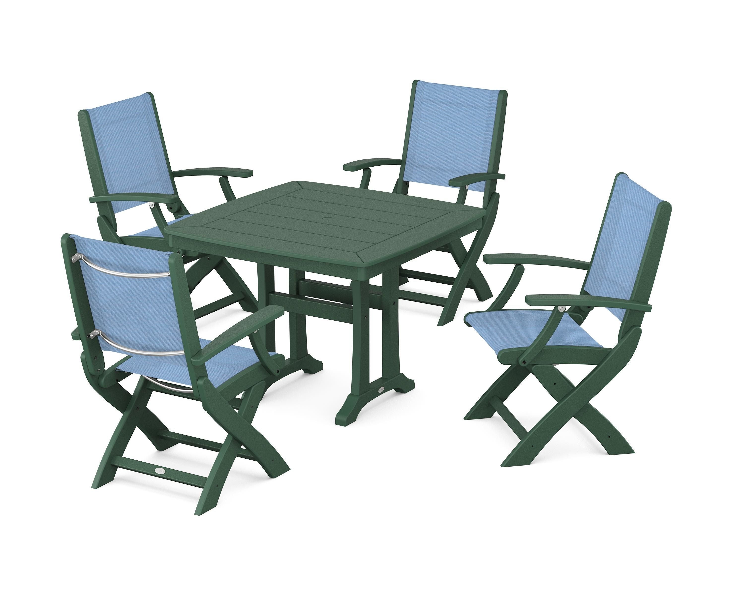 POLYWOOD Coastal Folding Chair 5-Piece Dining Set with Trestle Legs in Green / Poolside Sling
