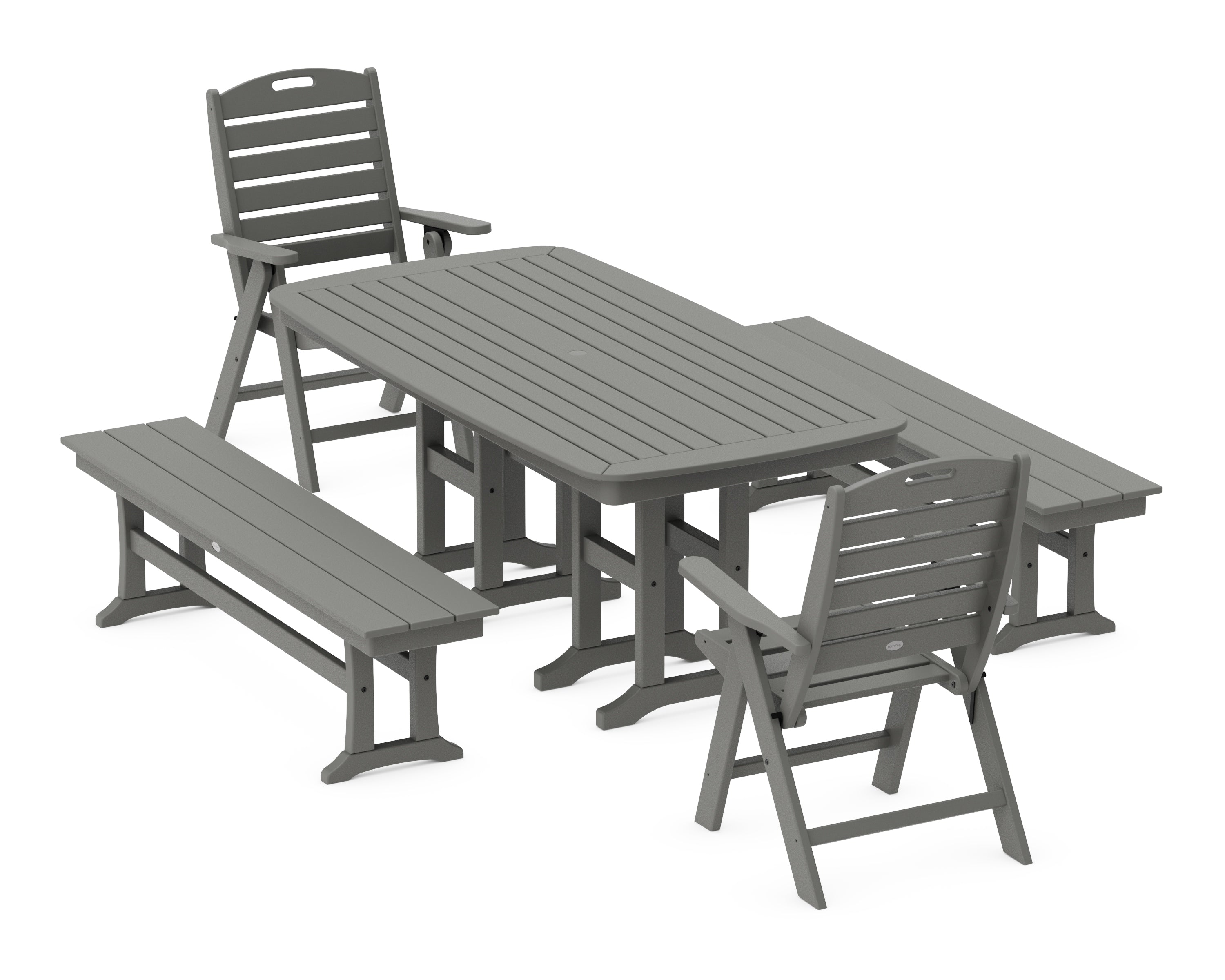 POLYWOOD Nautical Highback 5-Piece Dining Set with Benches in Slate Grey