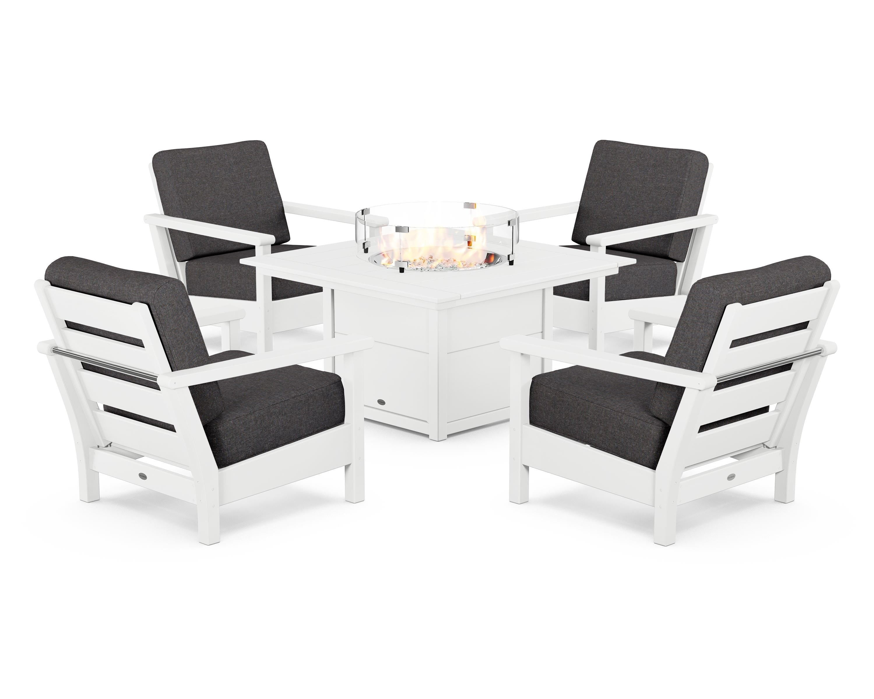 POLYWOOD Harbour 5-Piece Conversation Set with Fire Pit Table in White / Ash Charcoal