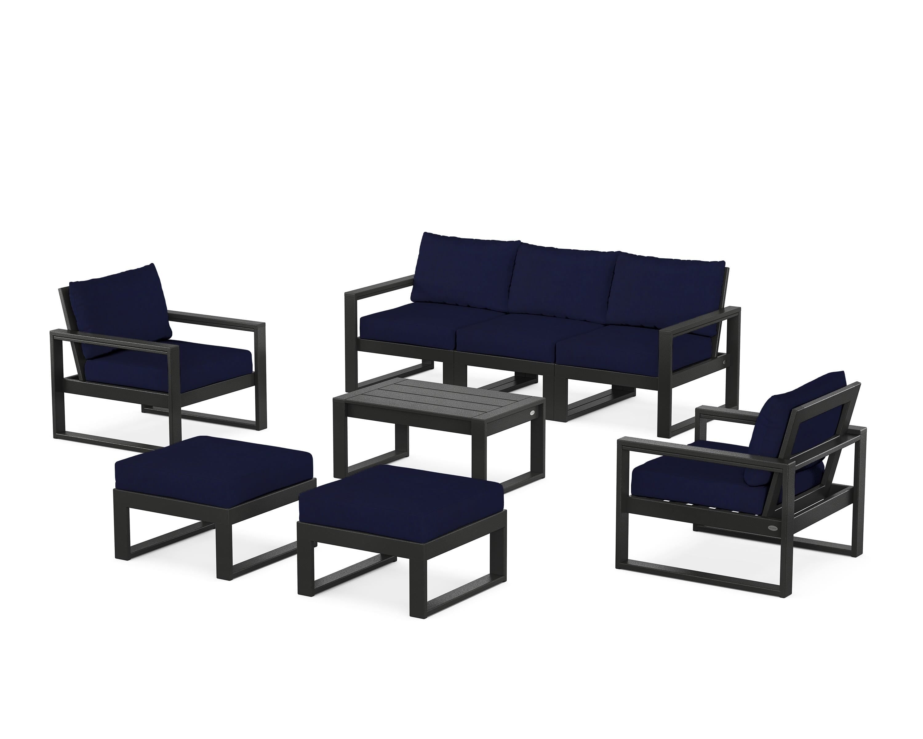 POLYWOOD EDGE Sectional 8-Piece Lounge Sofa Set in Black / Navy