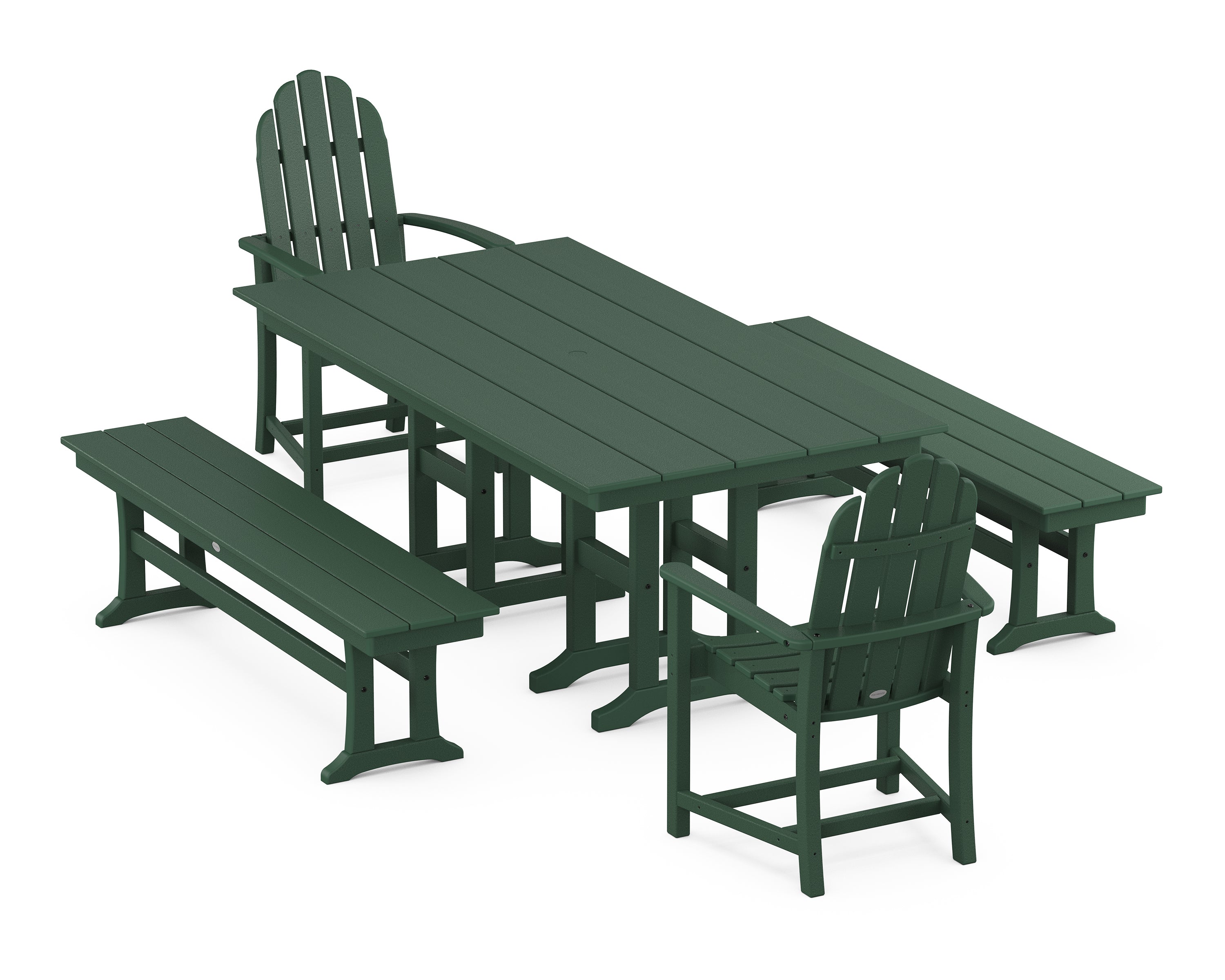 POLYWOOD® Classic Adirondack 5-Piece Farmhouse Dining Set with Benches in Green