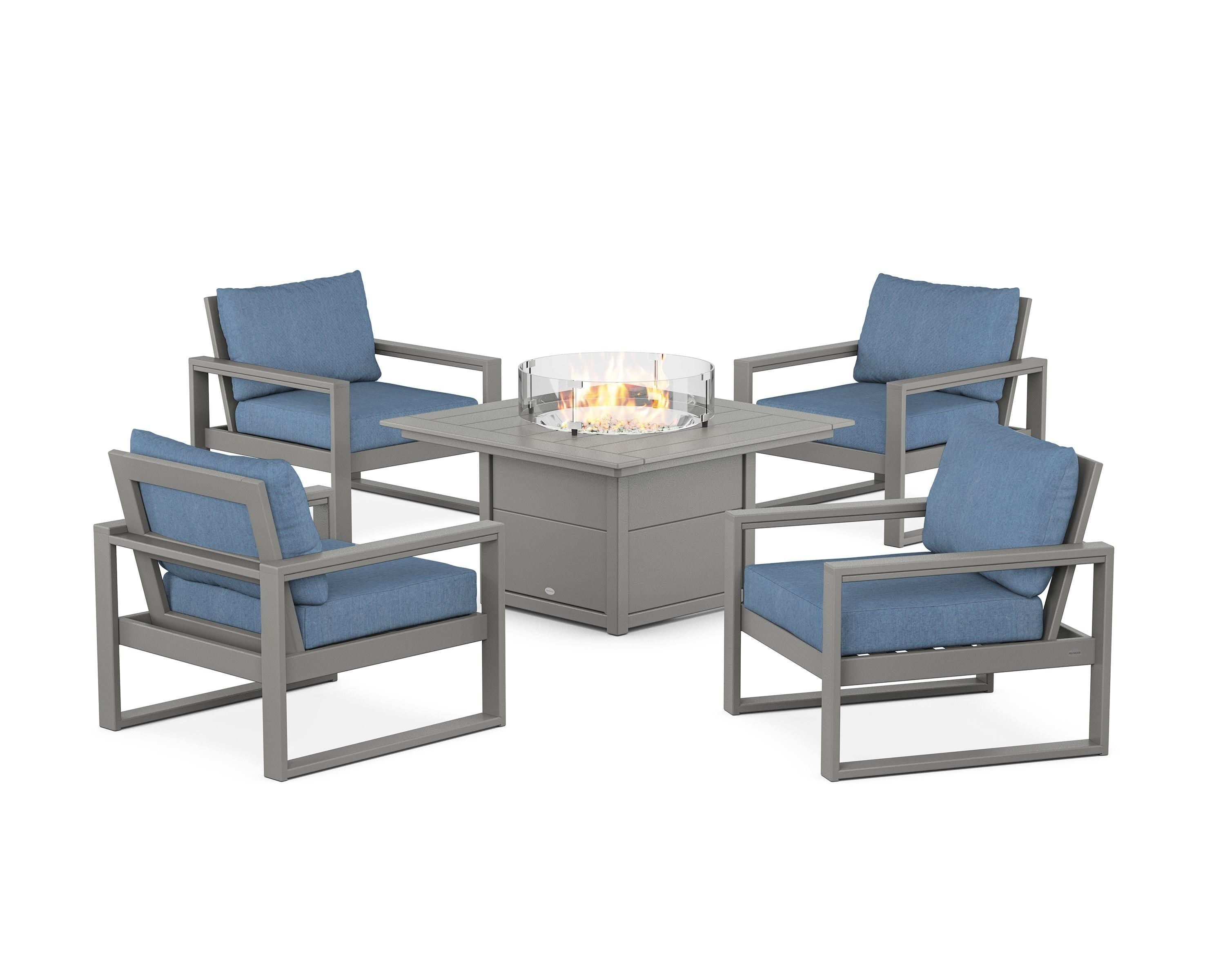 POLYWOOD EDGE Sectional 5-Piece Deep Seating Set with Fire Pit Table in Slate Grey / Sky Blue