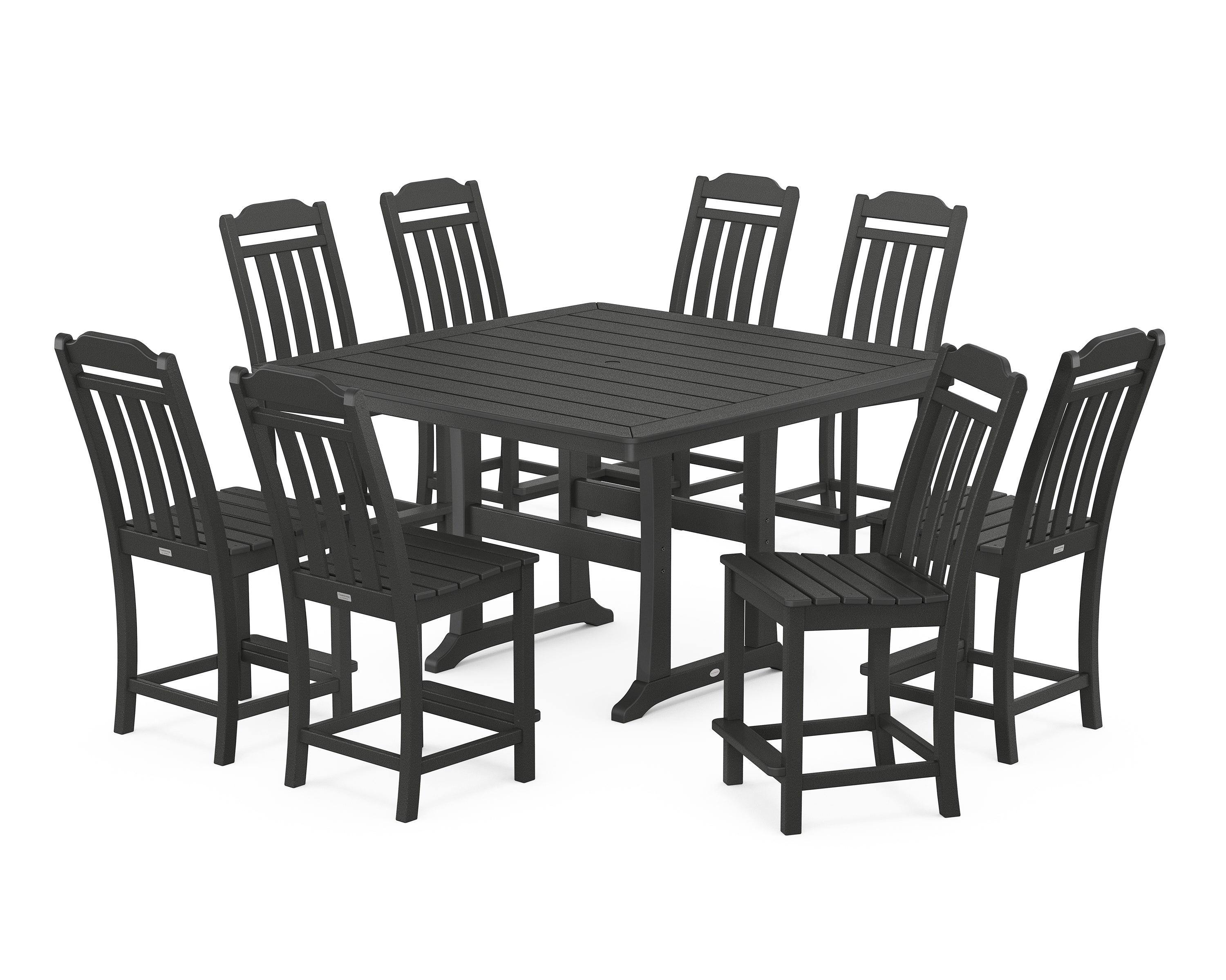 POLYWOOD Country Living 9-Piece Square Side Chair Counter Set with Trestle Legs in Black