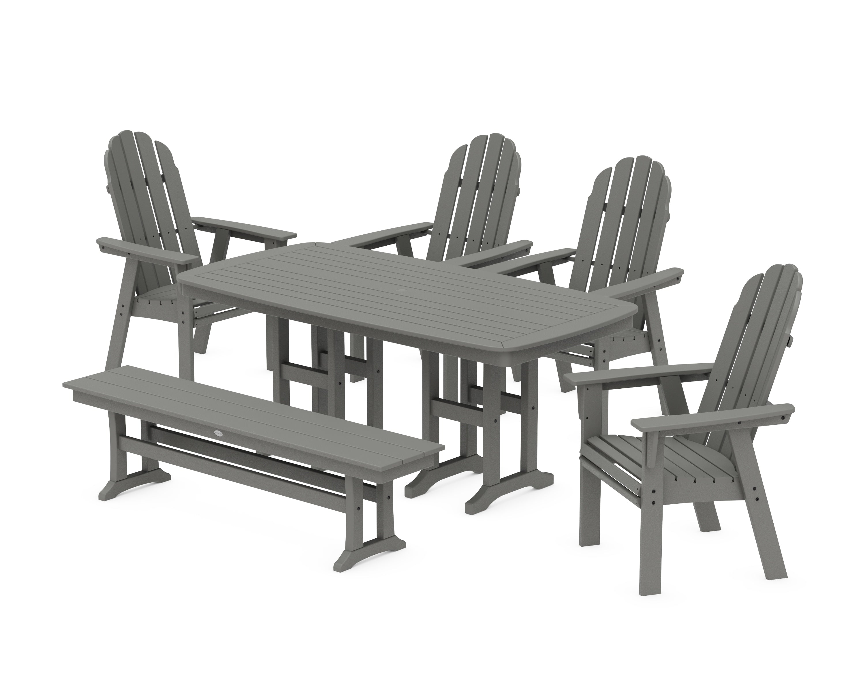 POLYWOOD Vineyard Curveback Adirondack Chair 6-Piece Dining Set with Bench in Slate Grey