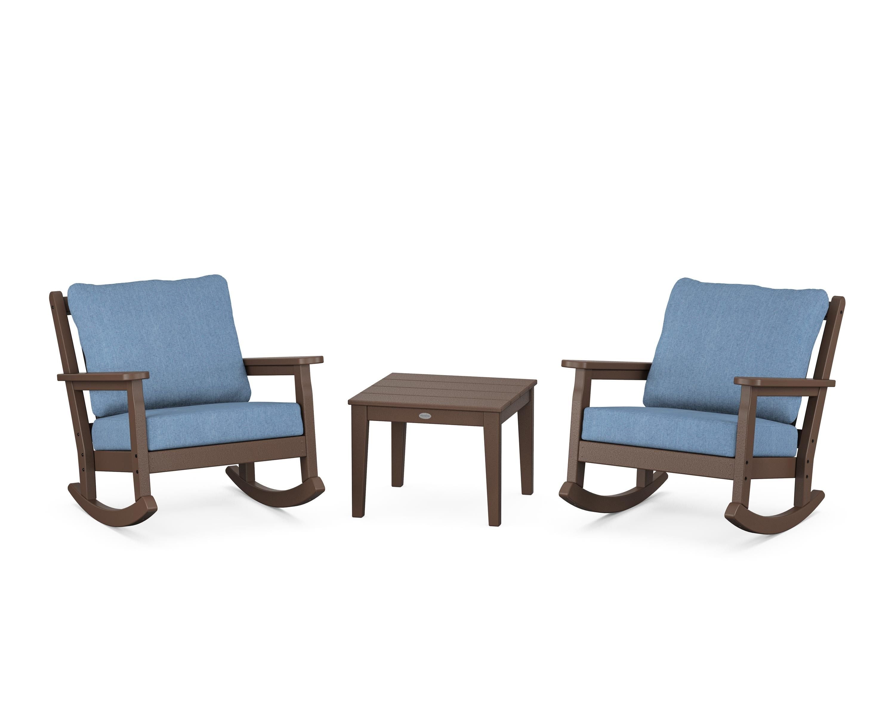 POLYWOOD Chippendale 3-Piece Deep Seating Rocker Set in Mahogany / Sky Blue